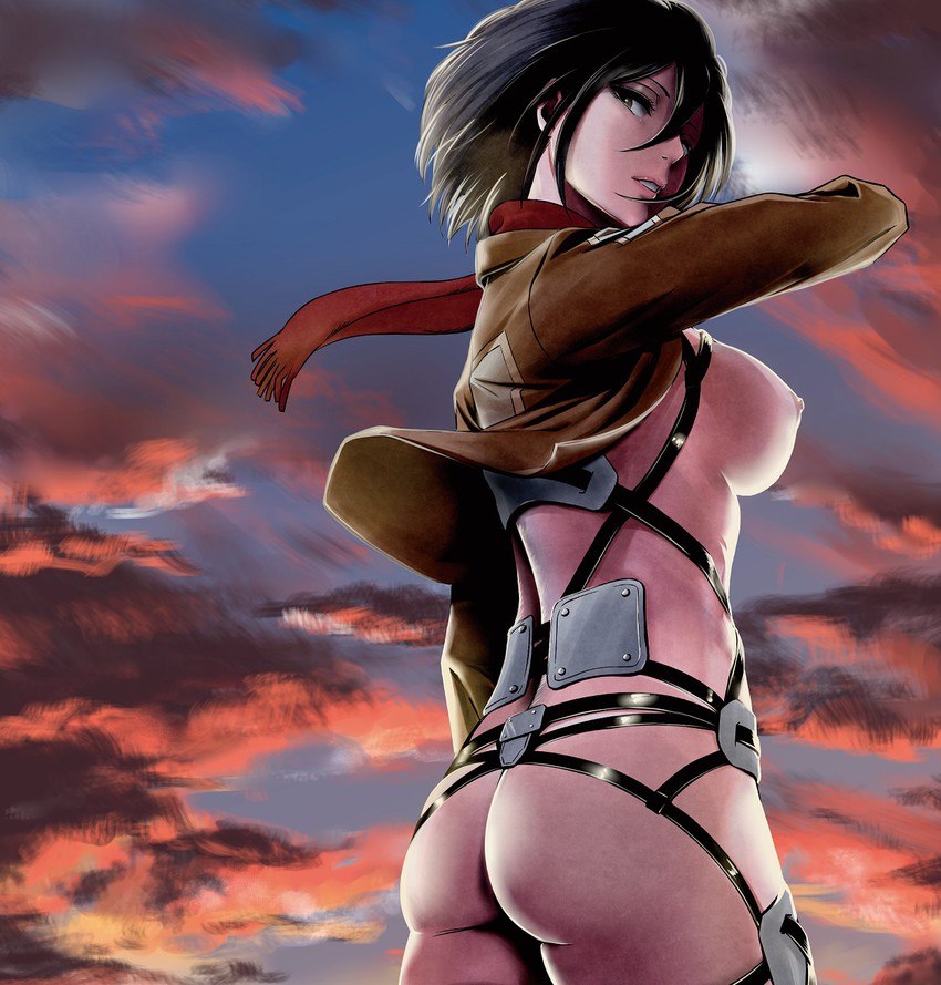 1girls, areola, areolae, artist request, ass, attack on titan, belts, big breasts, black eyes, black hair, bottomless, breasts, dark hair, eyelashes, female, female focus, female only, grey eyes, hair, human, human only, jacket, large breasts, light skin, light-skinned female, looking at viewer, looking back, looking over shoulder, medium breasts, medium hair, mikasa ackerman, naked, nipples, no bra, no panties, no underwear, nude, nude female, nudity, open eyes, outdoors, outside, pale skin, parted lips, pink lips, round ears, scar, scarf, seductive look, seductive smile, shingeki no kyojin, simple background, sky, slim, solo, solo female, solo focus, standing, tagme, teeth, topless, uncensored