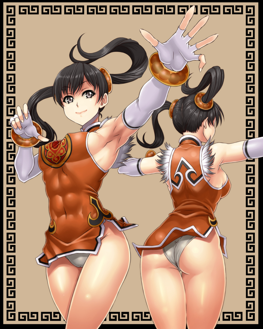 1girls, abs, ass, back, black hair, bracelet, chinese clothes, dress, elbow gloves, female, fighting stance, fingerless gloves, gloves, grey eyes, hair ornament, highres, jewelry, legs, ling xiaoyu, long gloves, minidress, orange dress, panties, short dress, shunzou, sleeveless, smile, solo, tekken, thigh gap, thighs, tied hair, tight dress, twintails, underwear, white panties