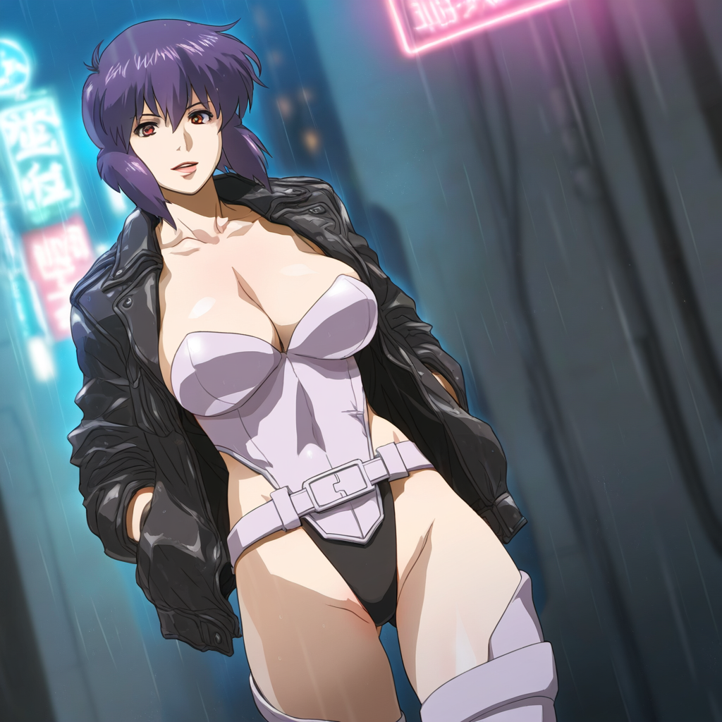 1girls ai_generated alley breasts cyber-wifu11 cyborg female ghost_in_the_shell kusanagi_motoko large_breasts light-skinned_female light_skin purple_hair short_hair solo thighs