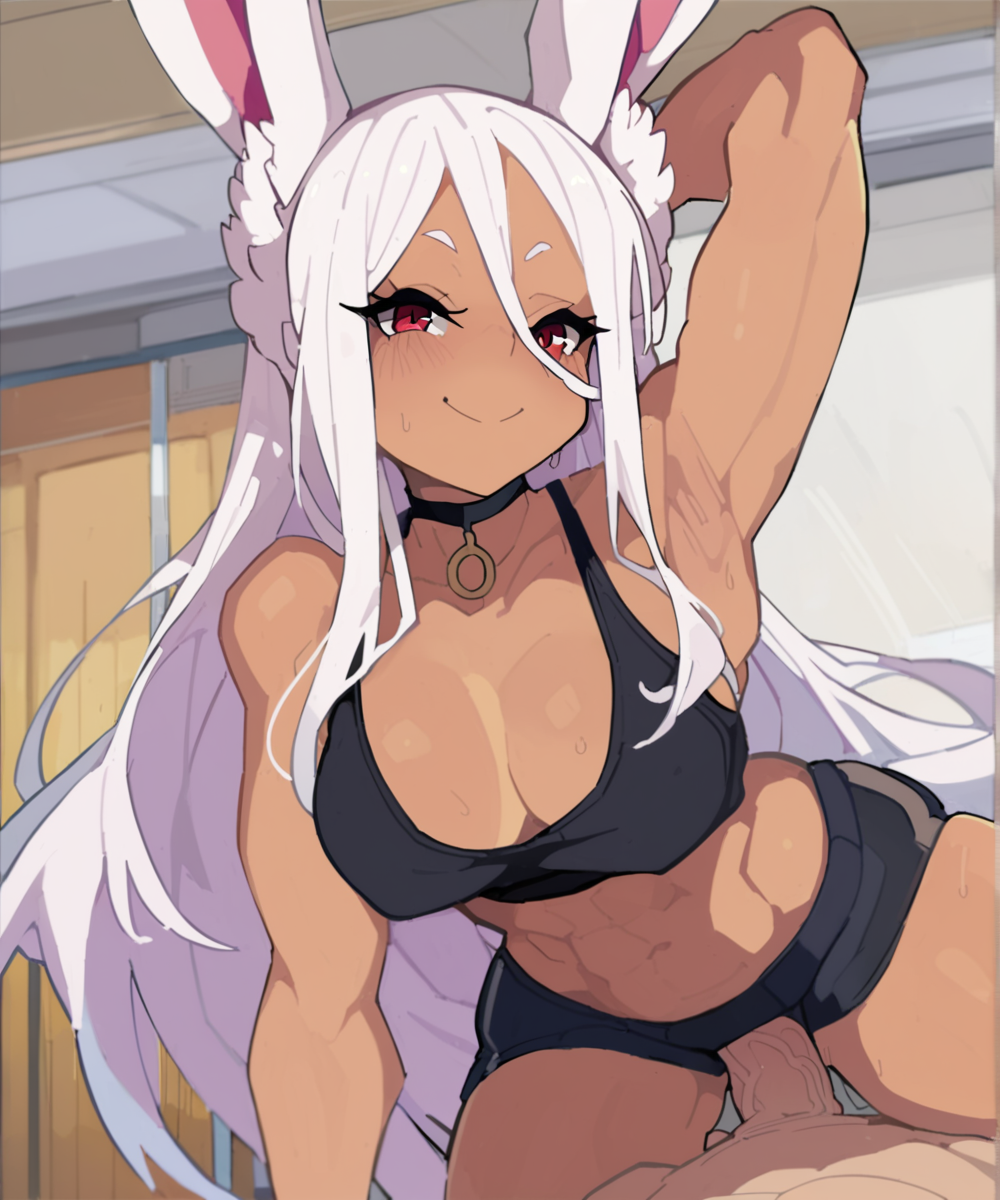 1boy 1girls ai_generated armpits arms_behind_back arms_up athletic athletic_female bmc boku_no_hero_academia breasts bunny_ears bunny_girl dark-skinned_female dark_skin fit fit_female gym_uniform hassaku_(model) highres large_breasts light-skinned_male long_hair looking_at_viewer looking_forward mirko miruko muscular muscular_female my_hero_academia pov rabbit_ears rabbit_girl red_eyes red_tattoo rumi_usagiyama smile smiling_at_viewer sports_bra sportswear stable_diffusion tattoo uncensored uncensored_penis white_hair