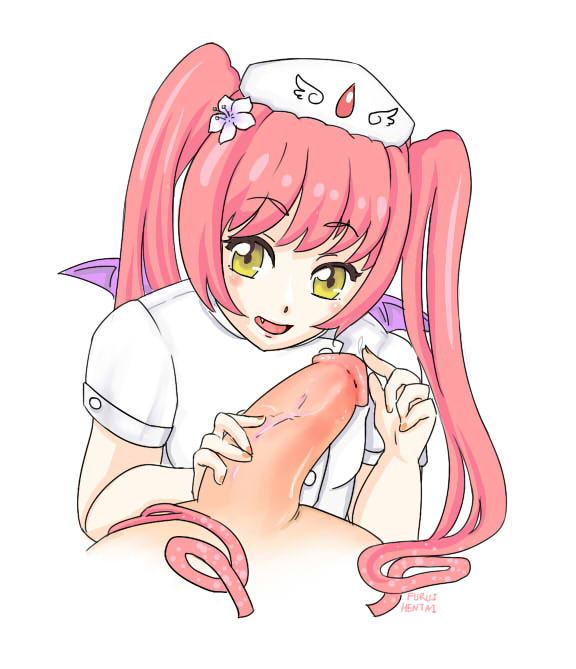 1boy artist_request breasts demon_wings ebola-chan female handjob holding_penis looking_at_viewer male male_urethral_insertion penis personification pink_hair straight tied_hair twintails uncensored urethral_fingering urethral_insertion yellow_eyes