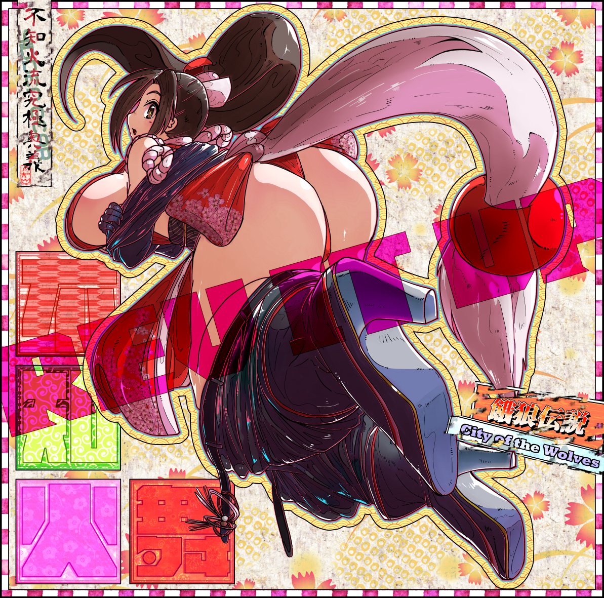 1girls ass bent_over breasts brown_eyes brown_hair clothing fatal_fury female footwear hair_ornament high_heels huge_breasts king_of_fighters large_breasts long_hair looking_at_viewer looking_back mai_shiranui ninja ponytail shiranui_mai sideboob smile solo thighs tied_hair traditional_clothes undressing wafuku