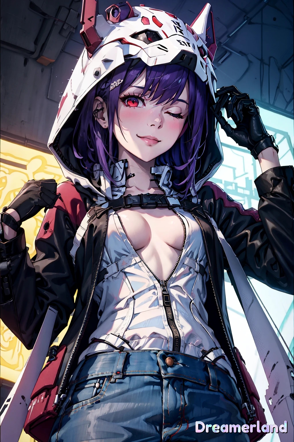 ai_generated animal_ears anime anime_style city city_background cityscape cleavage clothing cyberpunk flat_chest from_below gloves hd hd_(traditional) high_resolution highres hood hood_up jeans lolita_fashion looking_back mecha mecha_musume neon_lights one_eye_closed purple_eyes red_eyes seductive shirt short_hair sky4maleja smile solo young young_woman younger_female