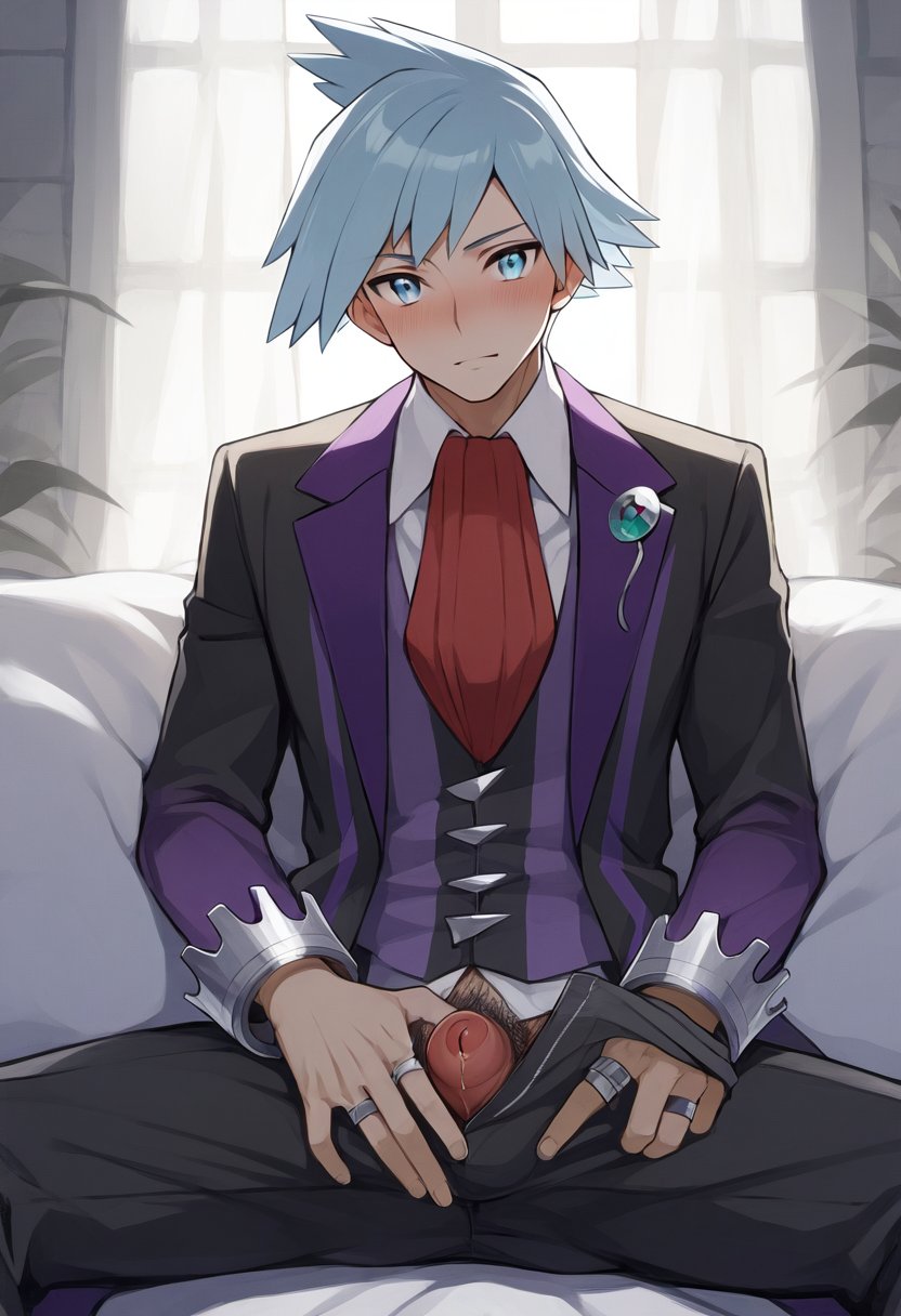 1boy ai_generated ai_golden_map blushing_at_viewer cum_drip flaccid male_only pokemon pokemon_oras silver_hair soft_penis steven_stone_(pokemon) tagme