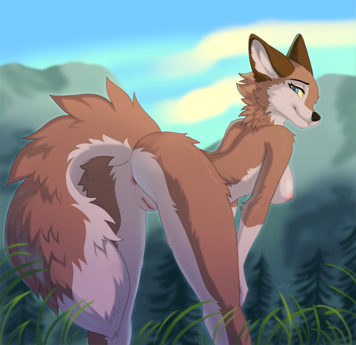 2024, aleu (balto), anthro, anthrofied, anus, ass, balto (series), bent over, black nose, blue eyes, breasts, brown body, brown fur, canid, canine, canis, digital media (artwork), female, fur, genitals, hybrid, ketty, looking at viewer, looking back, looking back at viewer, mammal, multicolored body, multicolored fur, nature, nipples, nude, outdoor nudity, outside, presenting, presenting hindquarters, presenting pussy, pussy, smile, solo, spread legs, spreading, standing, tail, tail aside, thigh gap, universal studios, wolf, wolfdog
