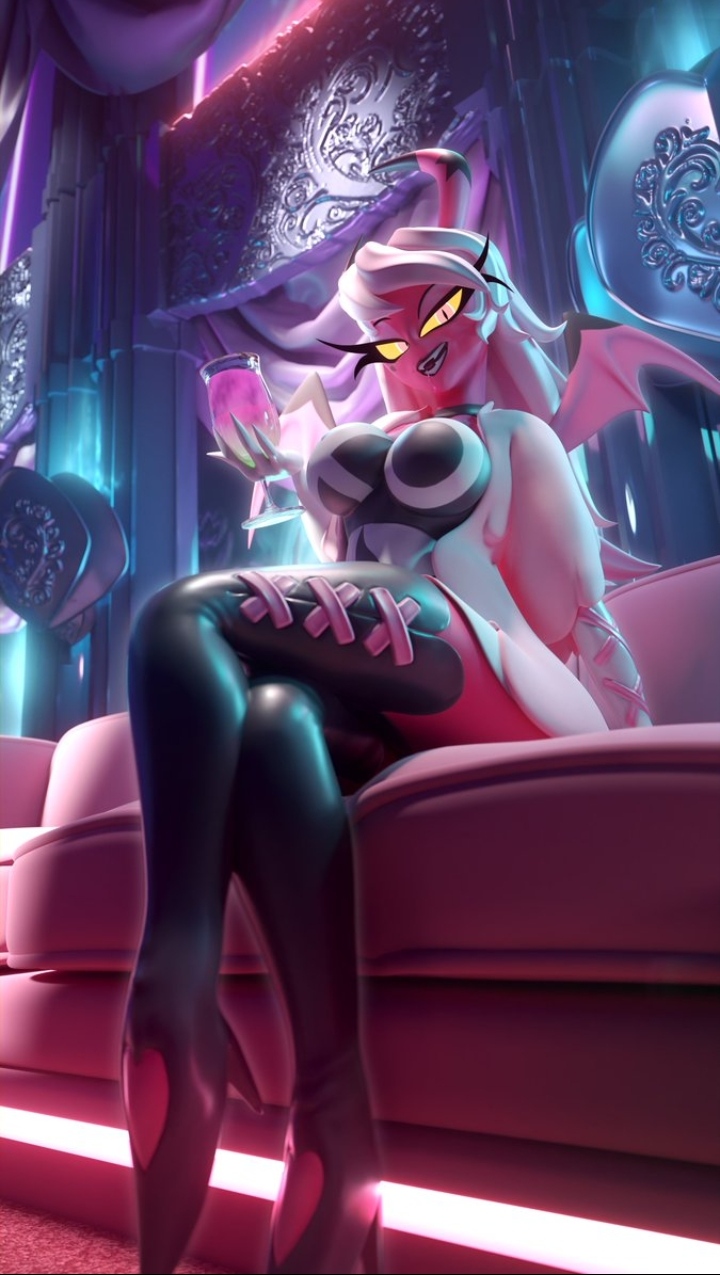 1demon 1girls 3d 3d_(artwork) 3d_model aeridiccore black_and_white_clothing black_legwear couch crossed_legs demon demon_girl demon_horns drink drinking_glass female female_only glass_cup heels helluva_boss high_heels holding_glass looking_at_viewer lunar57 pink_liquid pink_skin pointy_teeth sitting sitting_on_couch sitting_on_sofa sofa solo succubus succubus_horns succubus_wings teeth teeth_showing twitter_link two_tone_clothing verosika_mayday_(helluva_boss) white_hair yellow_eyes