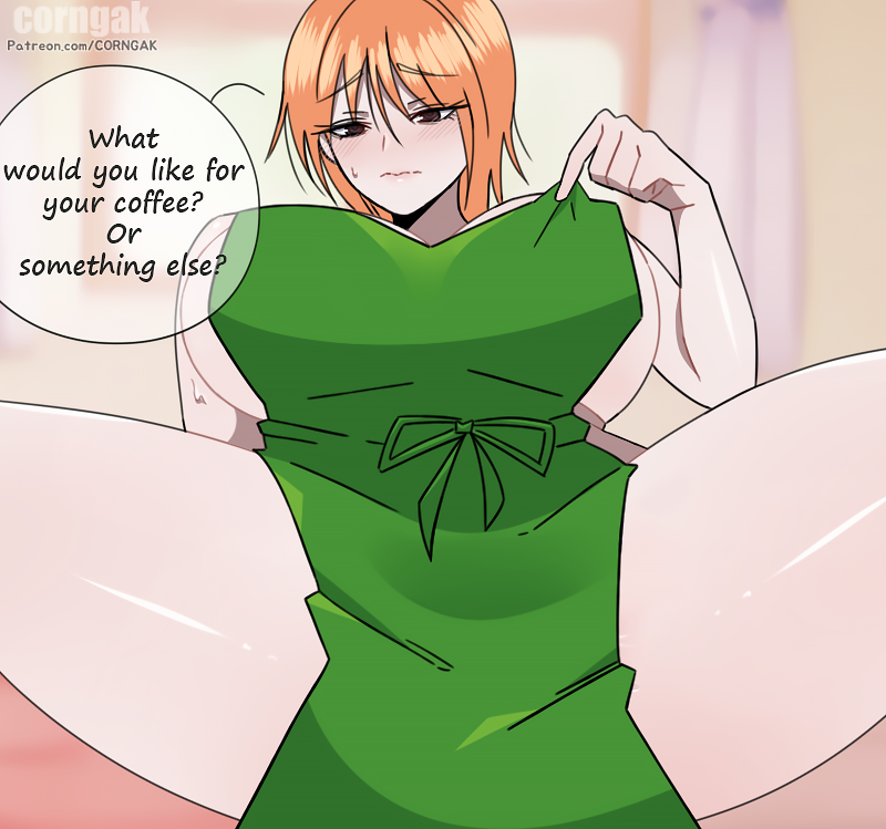 1girls apron artist_name barista big_breasts blurry_background blush breasts brown_eyes corngak employee employee_uniform english_text female female_only ginger light-skinned_female nami nami_(one_piece) one_piece orange_hair patreon_username pre-timeskip sideboob solo solo_female spread_legs starbucks sweat talking_to_viewer text text_bubble thick_thighs thighs watermark