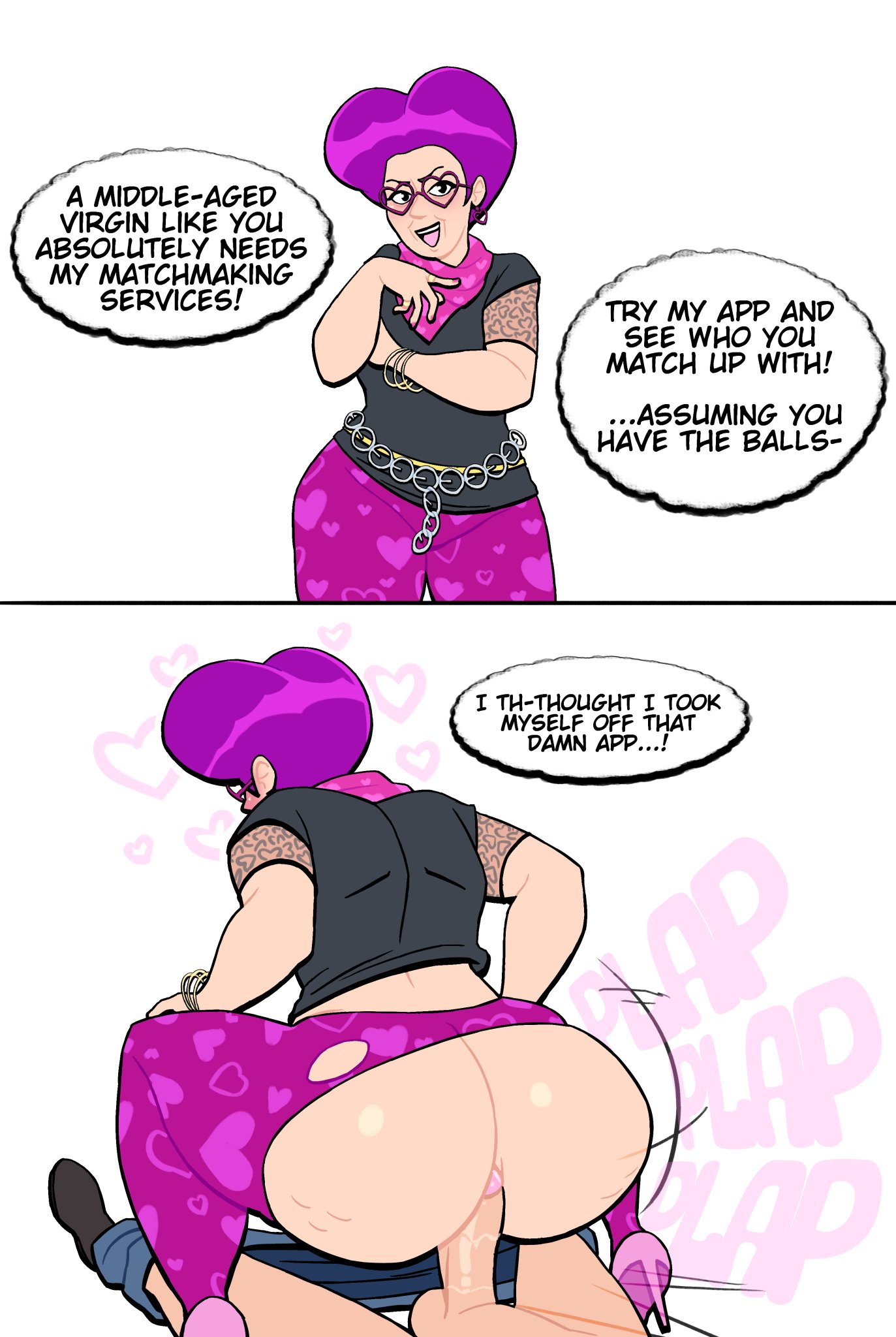 1boy, 1girls, ass, balls, english text, female, gilf, ichiban kasuga, imminent anal, like a dragon (series), lovetopullmicke, machiko (ryuu ga gotoku), machiko-san, male, male/female, partial male, penis, ryuu ga gotoku, sex, speech bubble, text, ugly