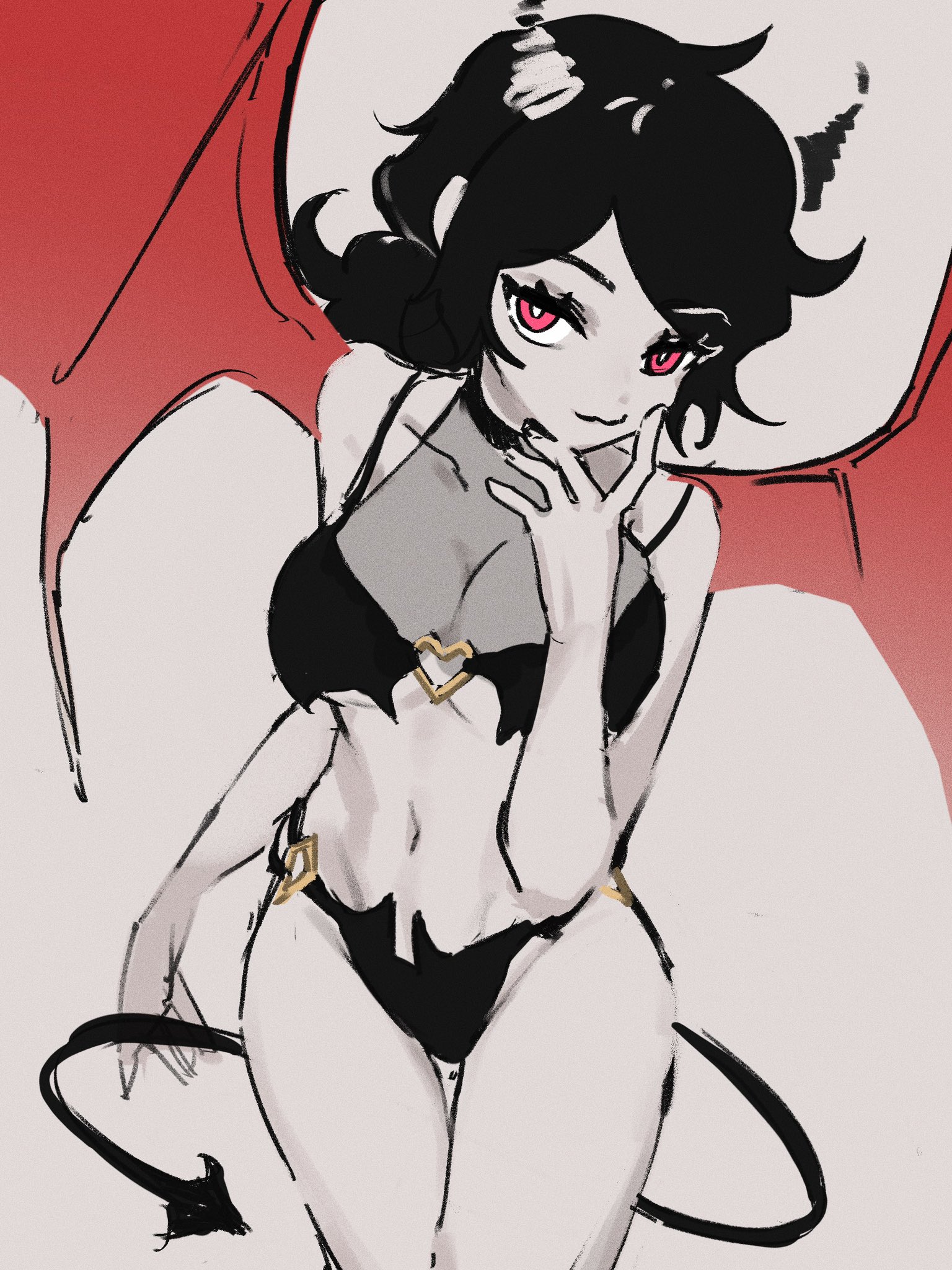 1girls, alternate costume, ashley graves, big breasts, black hair, breasts, cleavage, demon, demon girl, demon horns, demon tail, demon wings, female, female only, horns, looking at viewer, muon098098, panties, skimpy, skimpy clothes, solo, succubus, tail, the coffin of andy and leyley, thong, wings