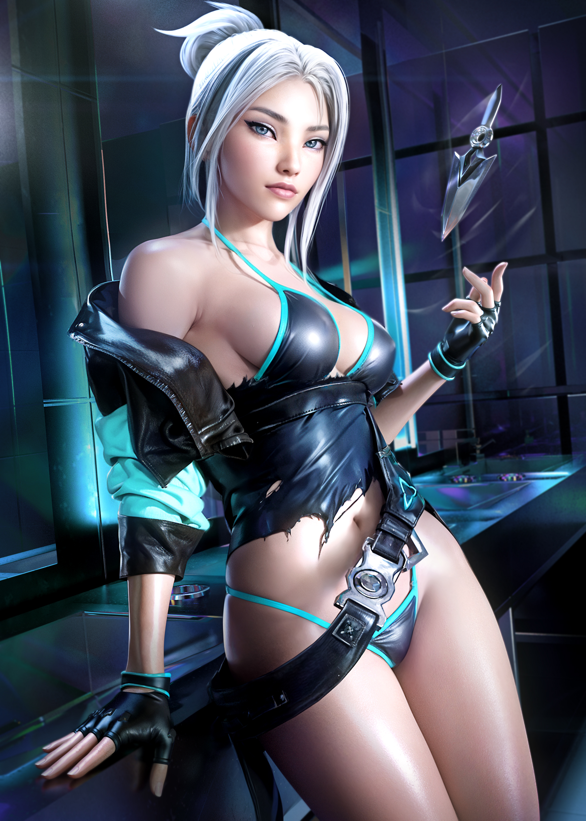 1girls, 2024, 3d, 3d (artwork), 3d model, absurd res, absurdres, aerokinesis, arm support, asian, asian female, athletic, athletic female, bare hips, bare shoulders, bare thighs, bikini, bikini bottom, bikini top, black bikini, black bikini bottom, black bikini top, black bra, black clothes, black clothing, black eyeliner, black gloves, black jacket, black panties, black underwear, blue eyes, bra, breasts, cleavage, clothed, clothing, eyeliner, female, female focus, female only, fingerless gloves, fit, fit female, gloves, high resolution, highres, hips, human, human only, jacket, jett (valorant), knife, korean, korean female, light skin, light-skinned female, long hair, looking at viewer, medium breasts, navel, pale skin, pale-skinned female, panties, pink lips, pink lipstick, ponytail, powers, questionable, riot games, ripped clothing, sai (weapon), sevenbees, sideboob, slim female, slim waist, solo, solo female, solo focus, standing, stomach, thick thighs, thighs, torn clothes, torn clothing, underwear, valorant, weapon, white hair