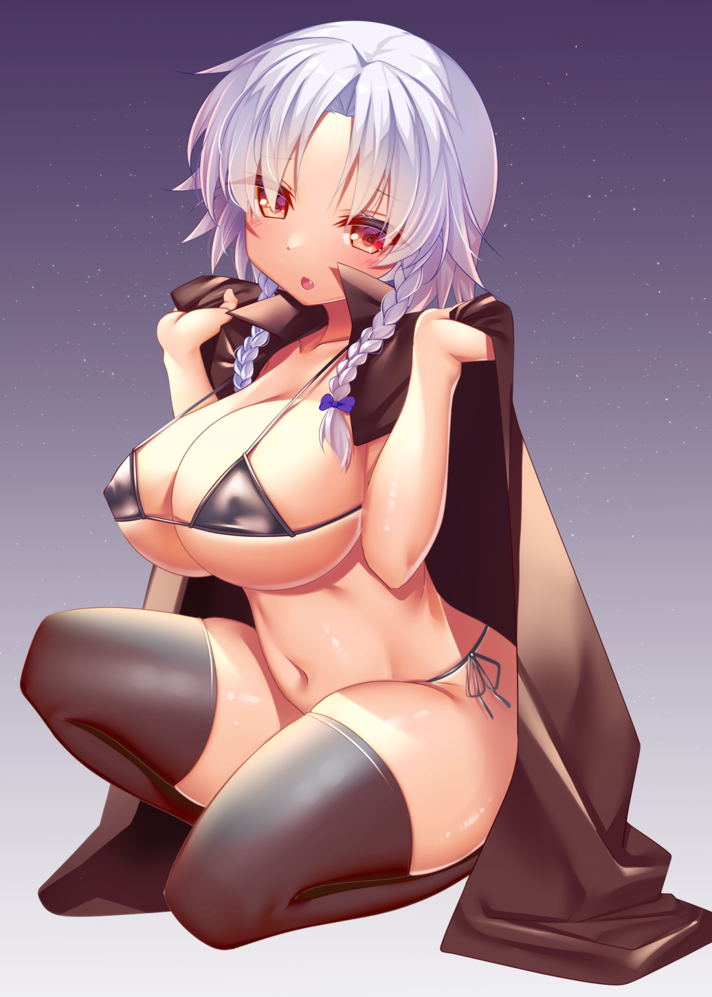 :o big_breasts bikini bikini_under_clothes black_bikini blue_bow bow braid breasts brown_cape brown_thighhighs cape cleavage collarbone commentary_request covered_erect_nipples eyes_visible_through_hair female full_body gradient_background grey_hair hands_up head_tilt highres izayoi_sakuya large_breasts looking_at_viewer looking_to_the_side medium_hair miyajima_(anthem-anthem) navel oerba_yun_fang parted_bangs purple_background red_eyes sakuya_izayoi scar scar_on_face shiny_skin side-tie_bikini_bottom skindentation solo squatting stomach strap_gap string_bikini swimsuit thighhighs touhou twin_braids