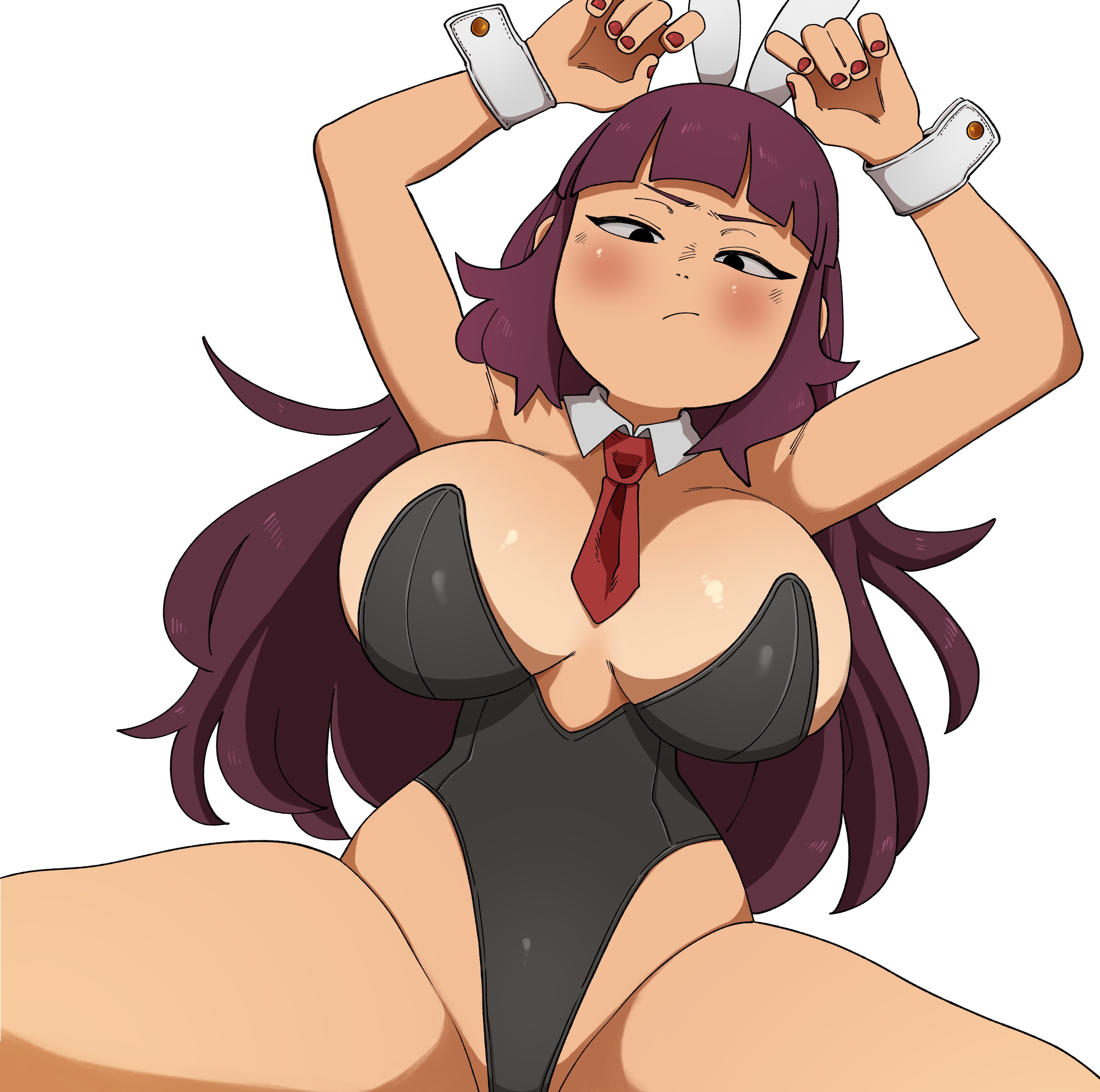 1girls, 2024, absurd res, armpits, arms up, asian, asian female, asian latina, bangs, big breasts, black eyes, black leotard, blush, blushing, breasts, breasts apart, bunny ears, bunnysuit, busty, clothed, clothed female, clothes, clothing, command grab, fake animal ears, female, front view, hair, hands above head, hi res, human, large breasts, latina, legs apart, leotard, light skin, light-skinned female, long hair, looking at viewer, looking down, lying, lying on back, nail polish, necktie, nuclearwasabi, on back, original, original character, purple hair, raised arm, red nails, simple background, thick thighs, thighs, top heavy, white background, wrist cuffs