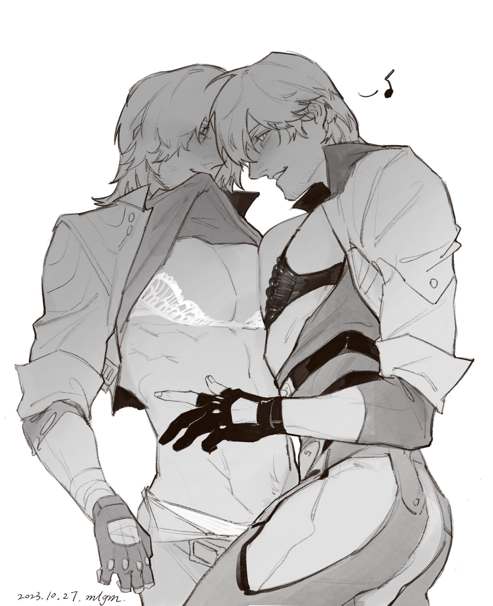 2boys, ambush (trap), bara, breasts, clothed, crossdressing, dante (devil may cry), devil may cry, devil may cry (series), devil may cry 4, devil may cry 5, dilf, femboy dilf, gay, gloves, handsome, lifting clothing, lingerie, long hair, long-haired male, looking at another, male, male only, masculine male, monochrome, muscular, muscular chest, muscular male, older male, panties, pecs, pichuuuchan, selfcest, sketch, smile, yaoi