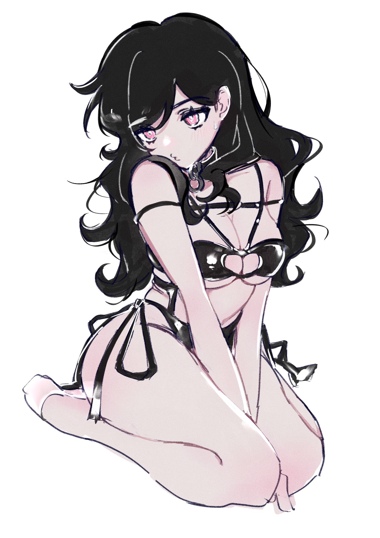 1girls, alternate costume, ashley graves, black hair, blush, female, female only, kneeling, long hair, muon098098, pink eyes, skimpy, skimpy clothes, socks, solo, sweat, sweatdrop, the coffin of andy and leyley