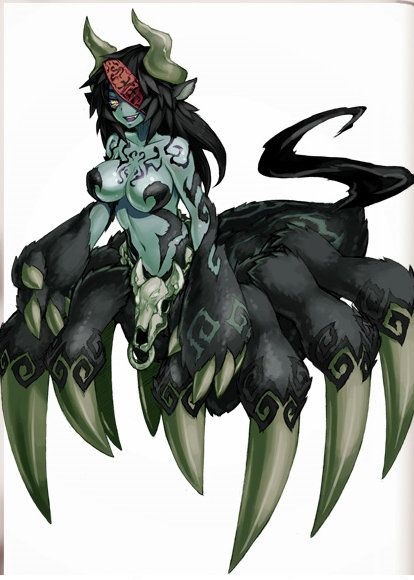 animal_hands big_breasts breasts cleavage drider female horns low_res monster_girl monster_girl_encyclopedia skull spider ushi-oni_(monster_girl_encyclopedia)