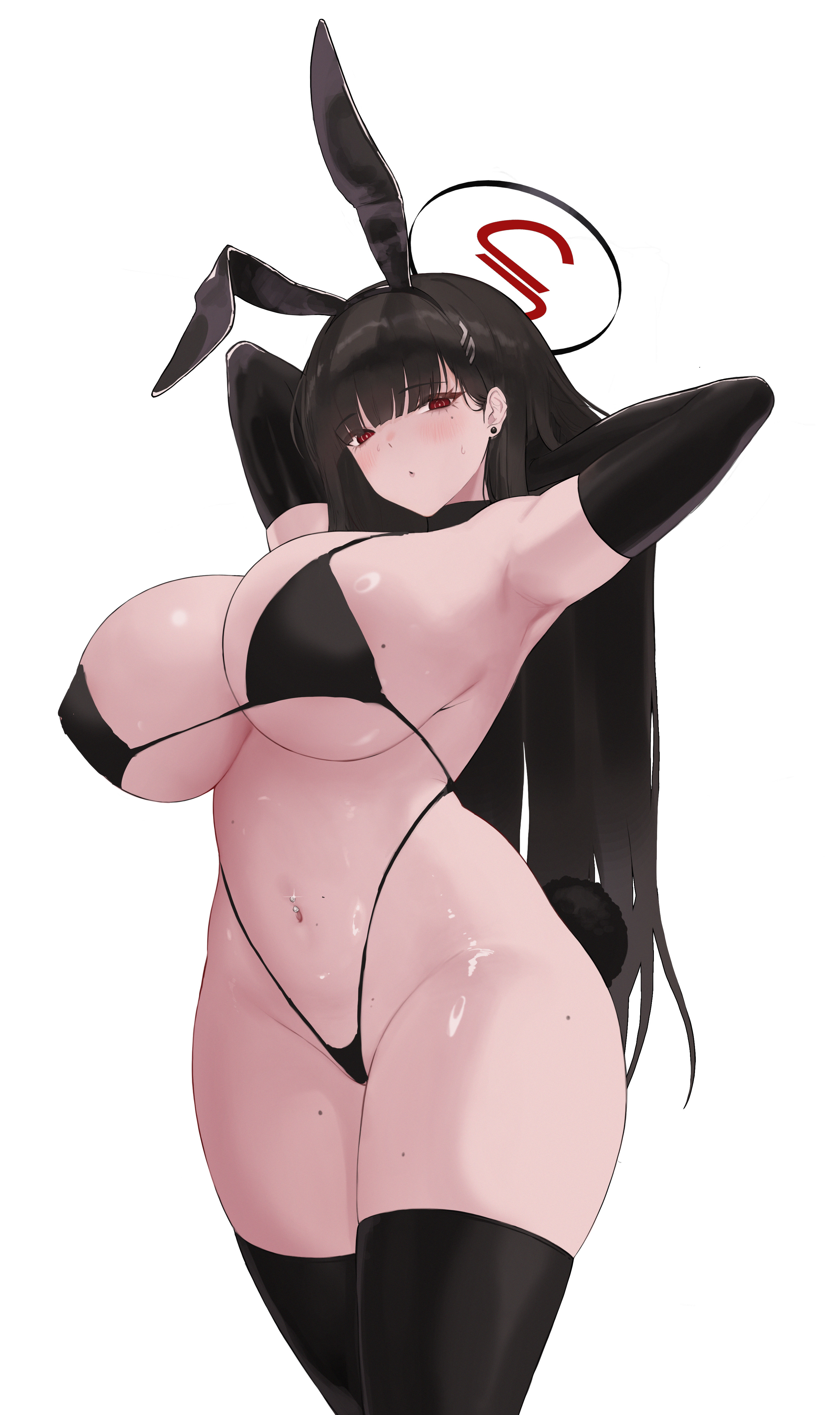 1girls, beauty mark, belly button, bikini, black bikini, black hair, blue archive, blush, eyebrows visible through hair, fake animal ears, fake rabbit ears, female, female only, halo, light skin, light-skinned female, millennium science school student, red eyes, rio (blue archive), seminar (blue archive), shinibana-shika (yukiha na00), simple background, solo, stockings, sweat, swimsuit, white background