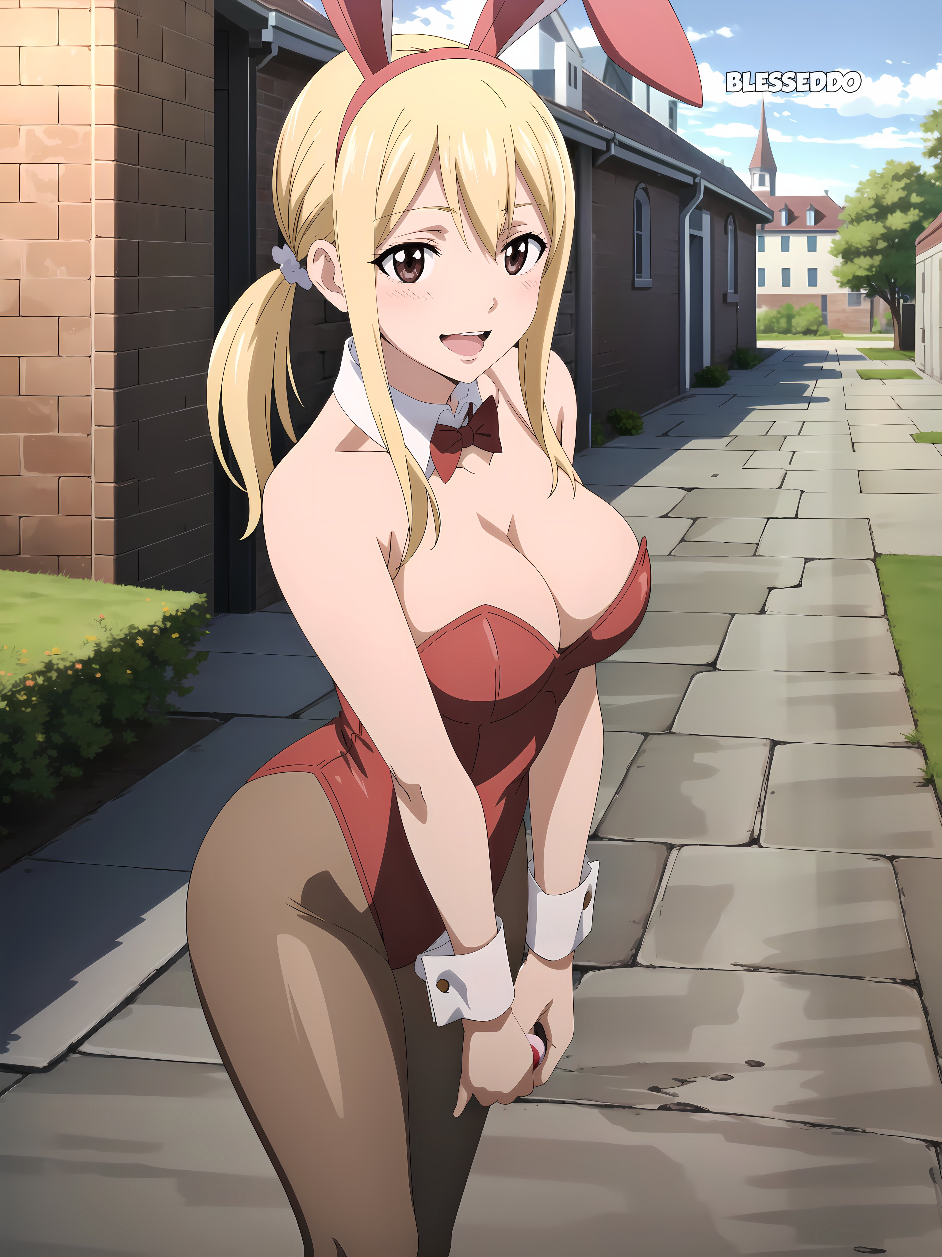 1girls, ai generated, blesseddo, blonde hair, boob window, breasts, bunny ears, cleavage, fairy tail, female, long hair, looking at viewer, lucy heartfilia, pantyhose, playboy bunny, ponytail
