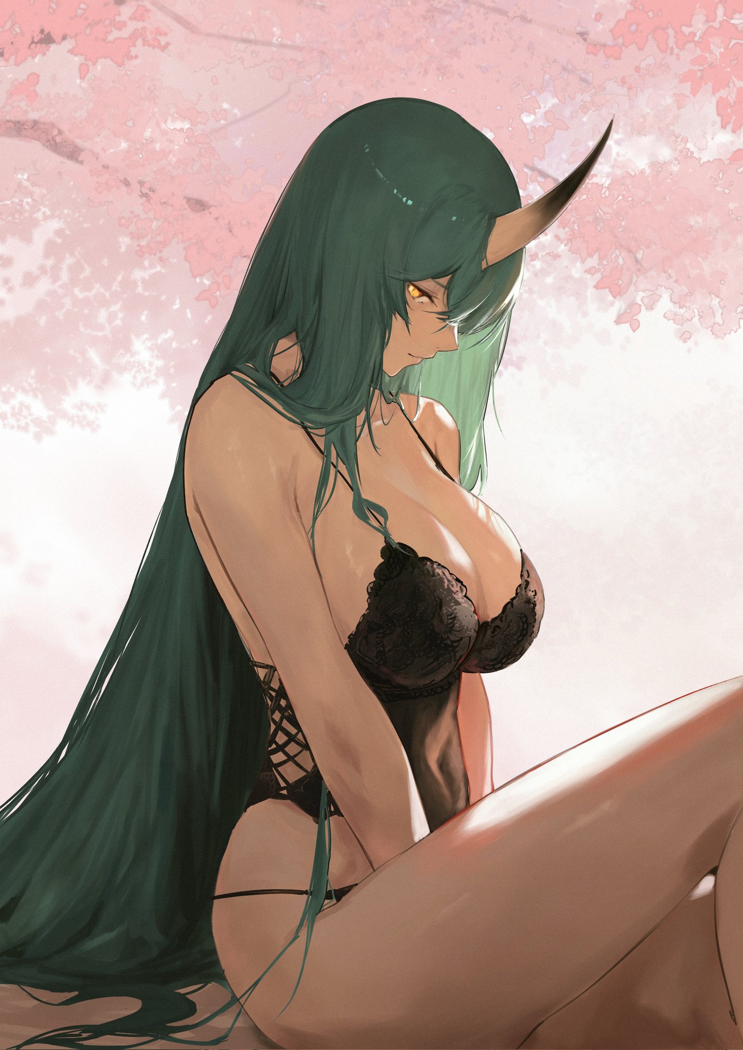 1girls, arknights, breasts, cleavage, female, female only, green hair, horn, hoshiguma (arknights), huge breasts, light skin, light-skinned female, magia (kisshotmagia), monster girl, oni, oni female, oni horn, outdoors, solo, yellow eye