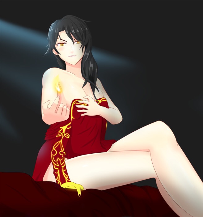 1girls, artist request, bed, bedroom eyes, black hair, cinder fall, covered nipples, dress, female, fire, legs, light skin, light-skinned female, rwby, source request