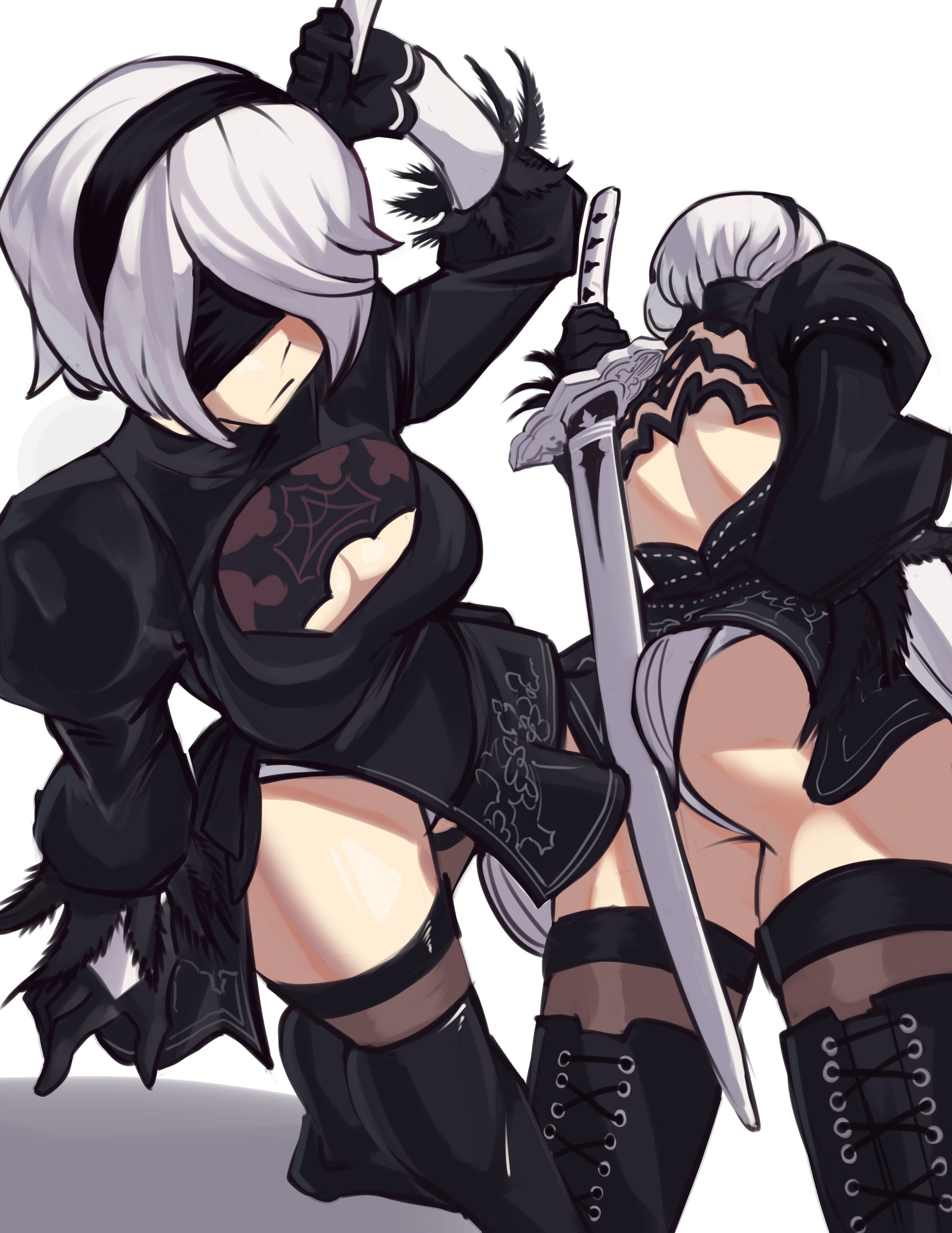 1girls, arm up, ass, back, backless outfit, bare back, big breasts, black clothing, blindfold, boob window, breasts, cleavage, female, female only, gloves, hairband, high resolution, katana, legs, moxydrawsmore, nier: automata, puffy sleeves, side slit, solo, standing, sword, thigh highs, thighhighs, thighs, very high resolution, weapon, white background, white hair, yorha 2b