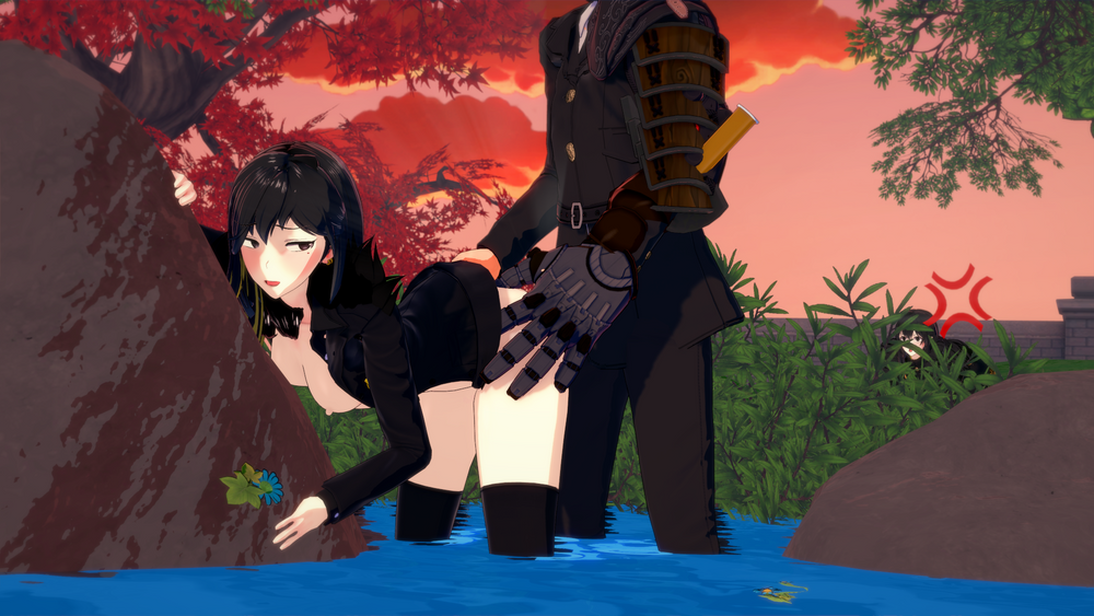 1boy 2girls 3d anal anal_sex angry baral_(library_of_ruina) binah black_hair cheating cheating_boyfriend chisesamaart clothed_male garden hands_on_ass hidden_face koikatsu library_of_ruina partial_male partially_clothed pond project_moon suit zena_(library_of_ruina)