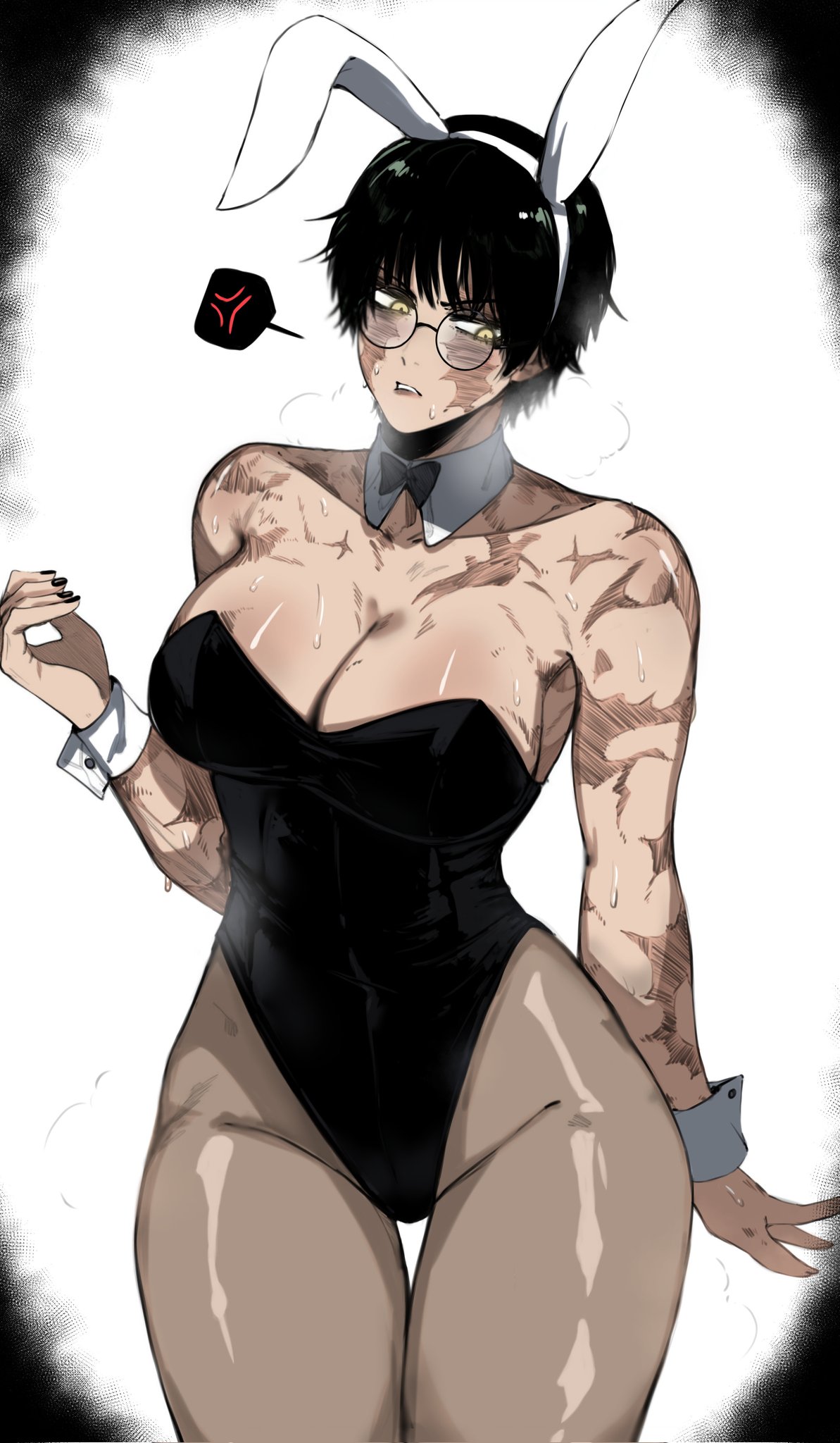 1girls, black hair, black nails, black-haired female, blush, breasts, bunny costume, bunny ears, bunny girl, bunnysuit, color, colored, female, female only, glasses, gonzalo costa, jujutsu kaisen, large breasts, looking away, masoq095, monochrome, nail polish, playboy bunny, round glasses, scar, scared, scars, short hair, skin tight, solo, thick thighs, thighs, tomboy, very short hair, wide hips, yellow eyes, zenin maki