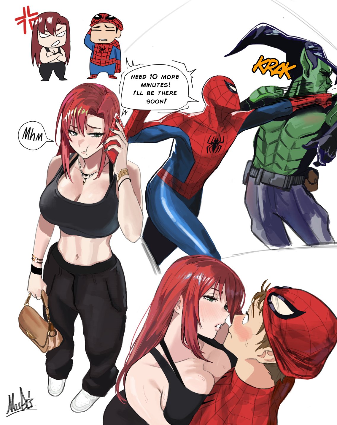 breasts brown_eyes canon_couple chibi cleavage collar couple female fighting green_eyes green_goblin grumpy kissing large_ass large_breasts long_hair marvel marvel_comics mary_jane_watson mugi_(mugit49) peter_parker pinup red_hair romantic_couple sfw spider-man spider-man_(series) sports_bra