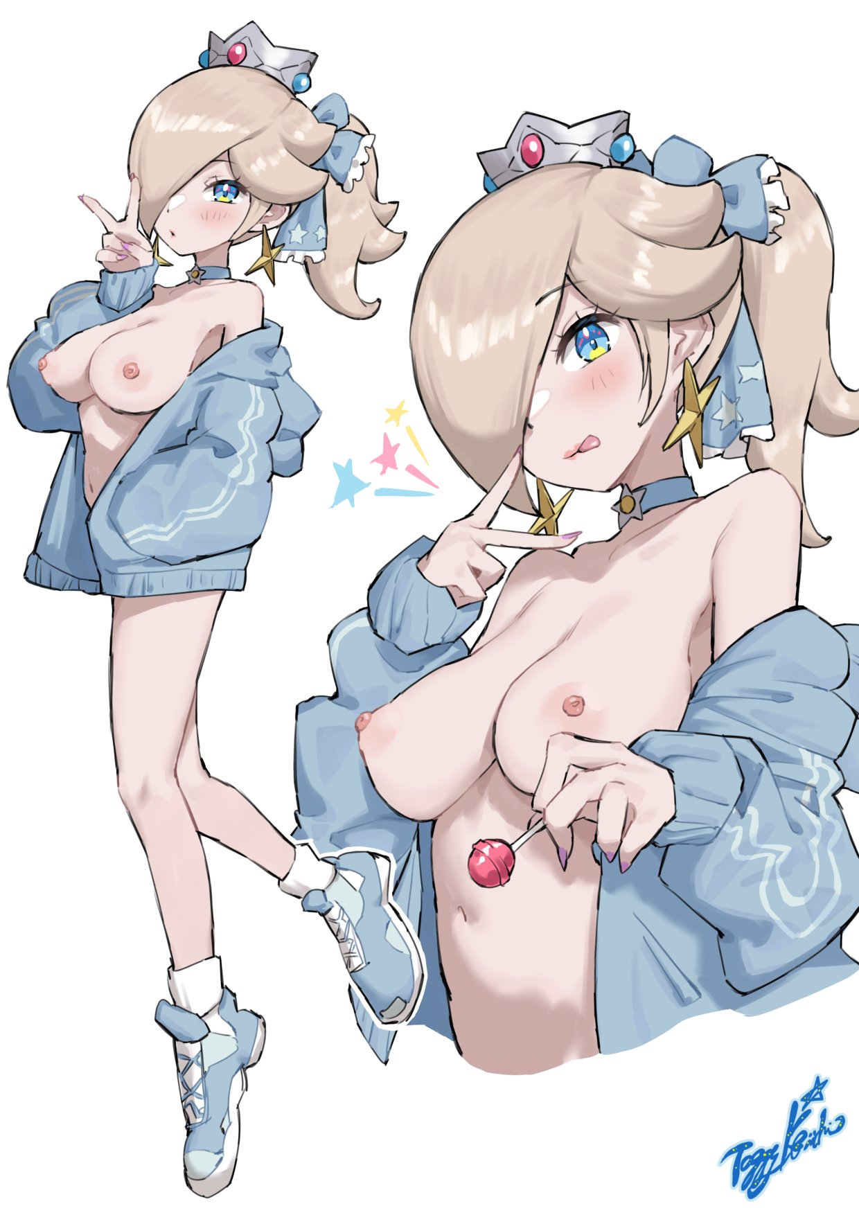 1girls areolae big_breasts blonde_hair blue_eyes blue_jacket blush breasts breasts_out close-up crown ear_piercing earrings female female_only footwear full_body hair hair_ornament hair_over_one_eye headwear jacket legs lollipop mario_(series) multiple_views nail_polish nails neckwear nintendo nipples open_jacket peace_sign ponytail princess_rosalina purple_nail_polish purple_nails ribbon shoes socks solo solo_female star star_earrings thighs tongue tongue_out yamino_ekakinin