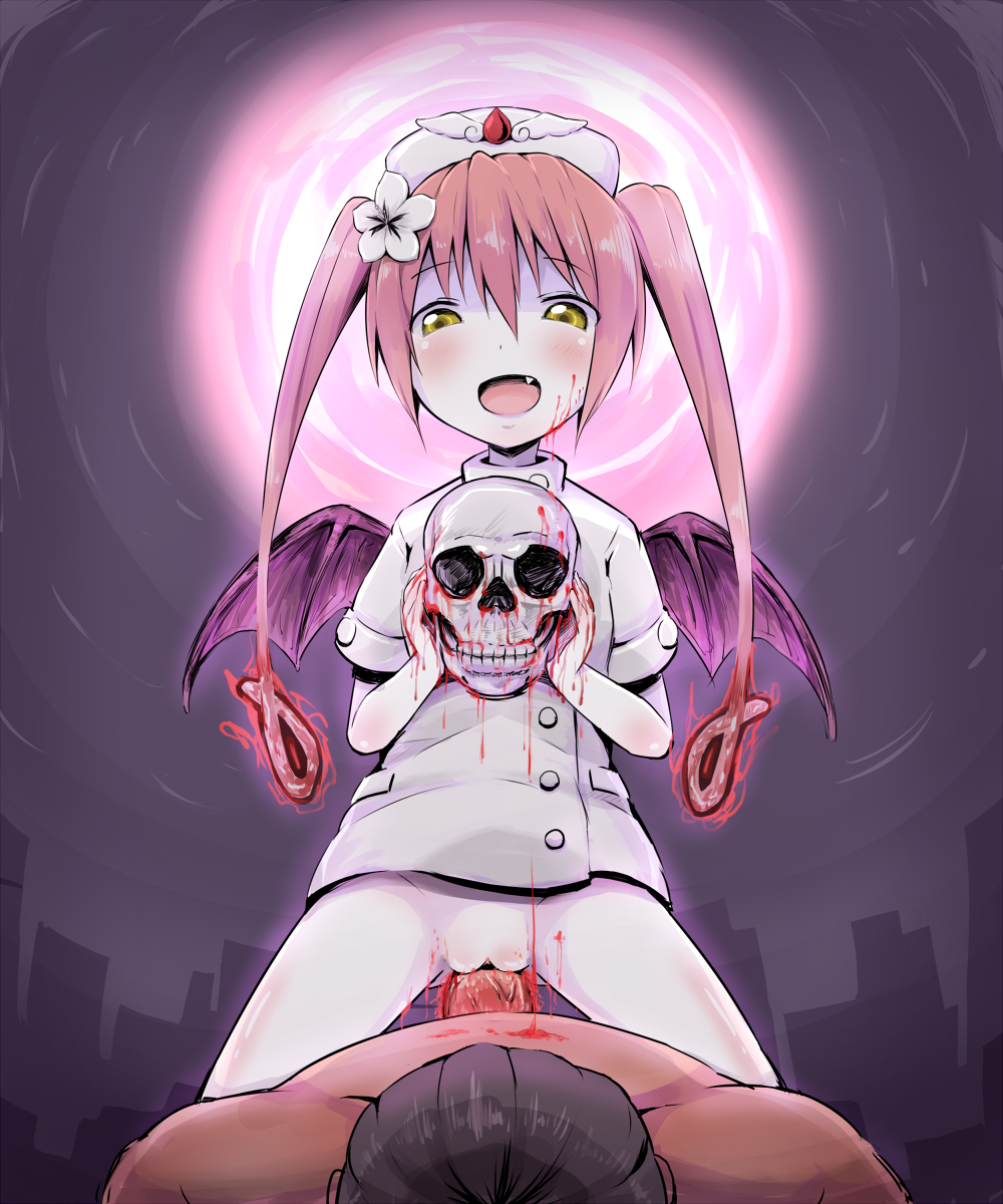 1boy 1girls blood blood_on_face blush clothing demon_wings ebola-chan fangs female flower hair_flower hair_ornament highres holding long_hair male no_panties nurse nurse_cap open_mouth original pale_skin penetration penis personification pink_hair pussy sex skull small_wings straight tied_hair twintails vaginal_penetration wings yellow_eyes yurarin