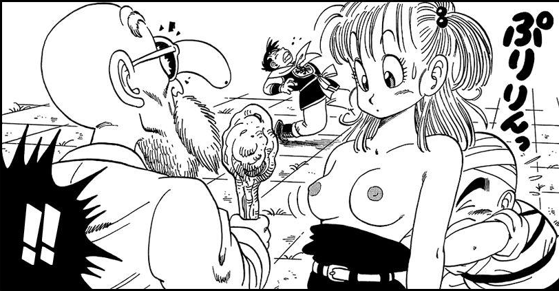 1girls 3boys bare_shoulders breasts bulma's_top_drop bulma_briefs canonical_scene dragon_ball dragon_ball_(classic) female human krillin kuririn male master_roshi monochrome nipples nosebleed topless yamcha