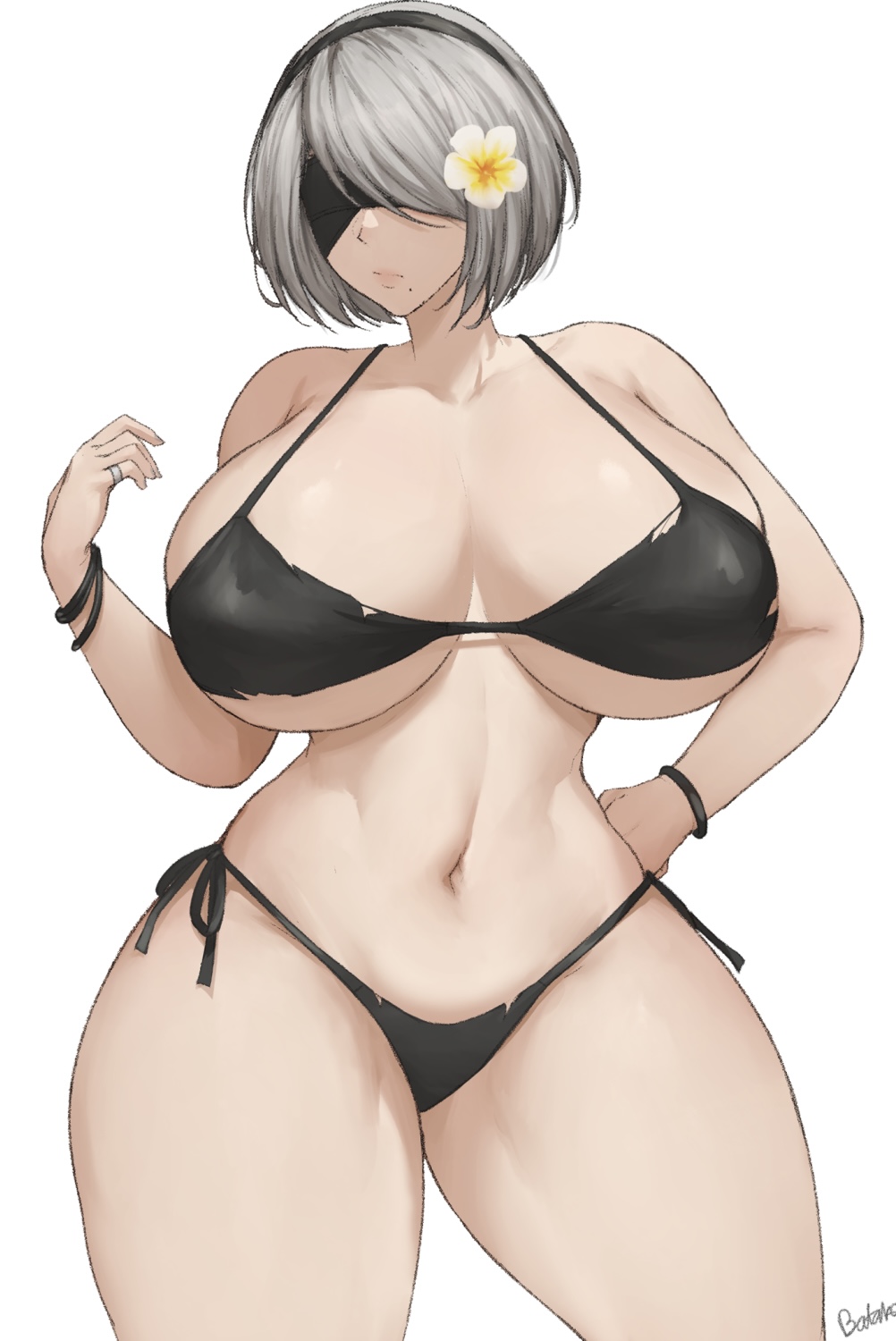 1girls, batako, batako (batakoart), bikini, black bikini, blindfold, bracelet, breasts, cleavage, curvy, female, female focus, flower, flower on head, hand on own hip, highres, huge breasts, jewelry, mole, mole under mouth, navel, nier, nier (series), nier: automata, ring, short hair, skindentation, solo, swimsuit, thick thighs, thighs, torn clothes, white hair, wide hips, yorha 2b