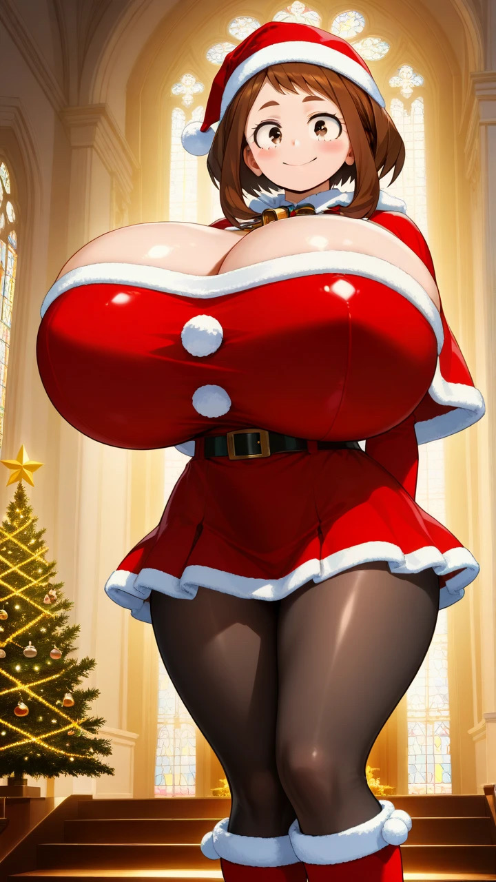 ai_generated big_breasts boku_no_hero_academia breasts brown_hair christmas christmas_outfit chubby_female cleavage female huge_breasts jiuyang-hsien large_breasts light-skinned_female light_skin my_hero_academia ochako_uraraka solo