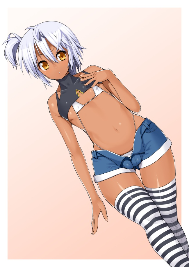 1boy :o bikini bulge clothes crossdressing curvy dark-skinned_femboy dark-skinned_male dark_skin denim denim_shorts femboy girly hair hips jean_shorts male male_only nagase_haruhito ohe-chan_otouto ohe-chan_otouto_(nagase_haruhito) open_clothes open_shorts otouto pretzel_bikini short_shorts shorts silver_hair solo striped striped_legwear swimsuit thighhighs trap whale_tail white_hair wide_hips yellow_eyes