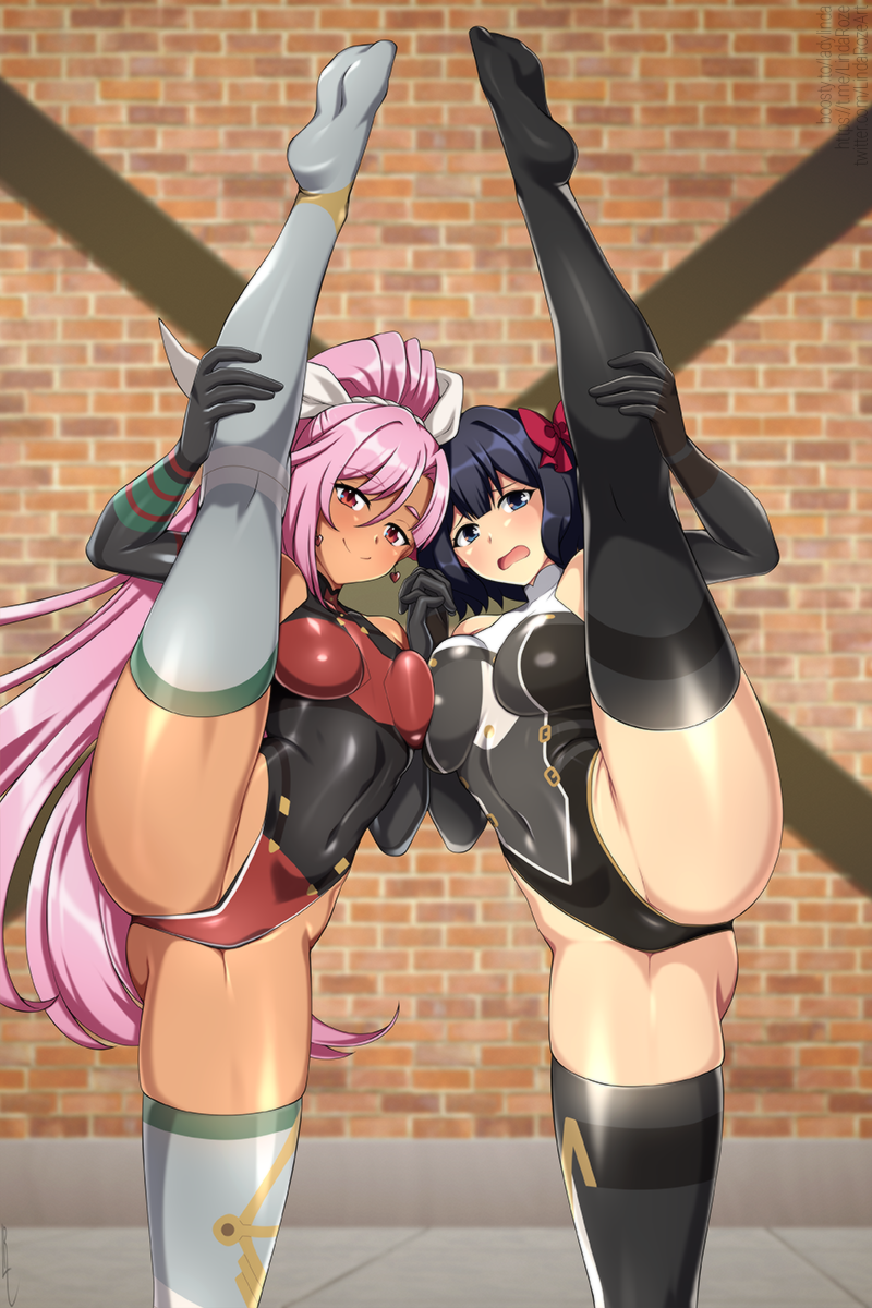 2girls ass big_ass black_hair blue_eyes blush dark-skinned_female dark_skin indoors leg_up let_this_grieving_soul_retire! lindaroze liz_smart looking_at_viewer medium_breasts nageki_no_bourei_wa_intai_shitai one_leg_up open_mouth pink_hair ponytail red_eyes ribbon ribbon_in_hair short_hair small_breasts smile teacher_and_student thick_thighs thighs tino_shade