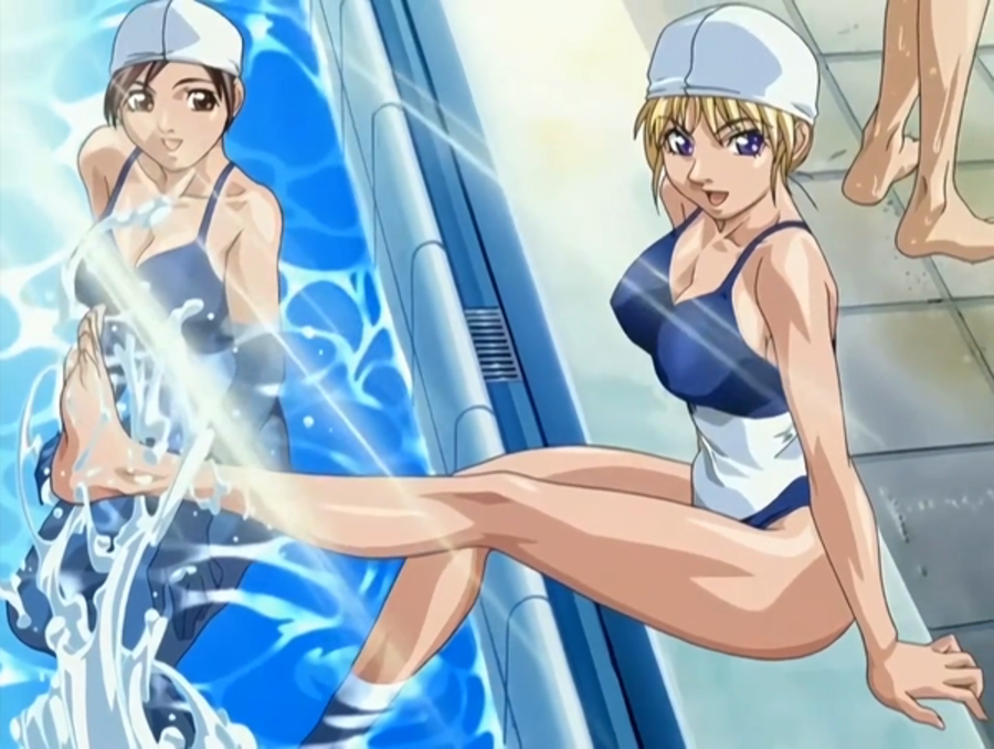 00s 2005 2girls anime_screenshot ass barefoot bible_black bible_black_only blonde_hair breasts brown_hair curvy day highleg highleg_one-piece_swimsuit large_breasts lowres multiple_girls one-piece_swimsuit pool purple_eyes saeki_kaori shiny_skin smile splashing sunbeam sunlight swimsuit tagme two-tone_swimsuit