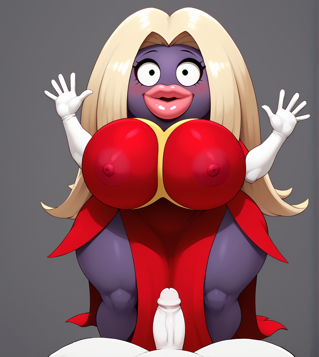 ai_generated bimbo bimbo_lips blonde_hair dress elbow_gloves grey_background hands_up huge_ass huge_breasts imminent_sex jynx looking_at_viewer pokemon pokemon_(species) pov purple_body small_penis small_penis_adoration smile