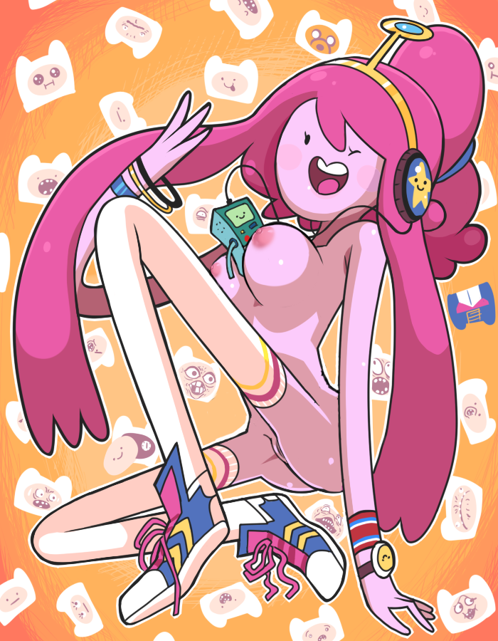 2012 adventure_time artist_request bmo breasts cartoon_network casual crown female footwear gashi-gashi headphones headwear legwear mob_face nude pale_skin pink_hair princess_bubblegum pussy wristwear