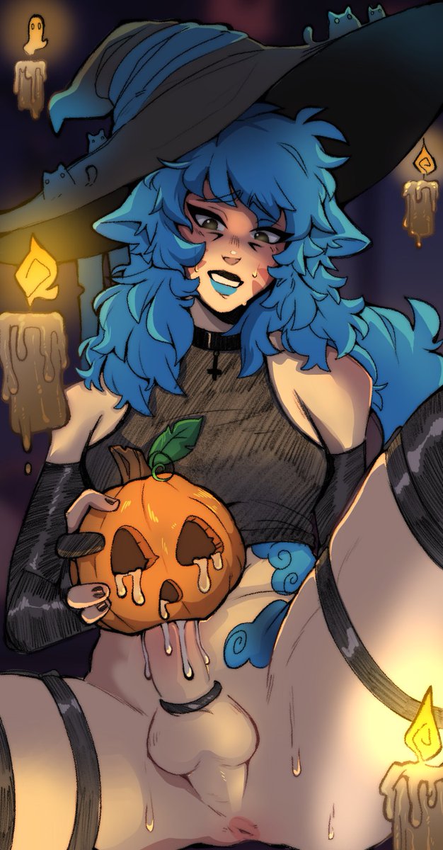 1dickgirl 1futa black_eyes blue_hair blue_lipstick dickgirl erection futa_sans_pussy futanari halloween_costume penis perineum perineum_bulge pumpkin pumpkin_masturbation pumpkincatte_(artist) tagme