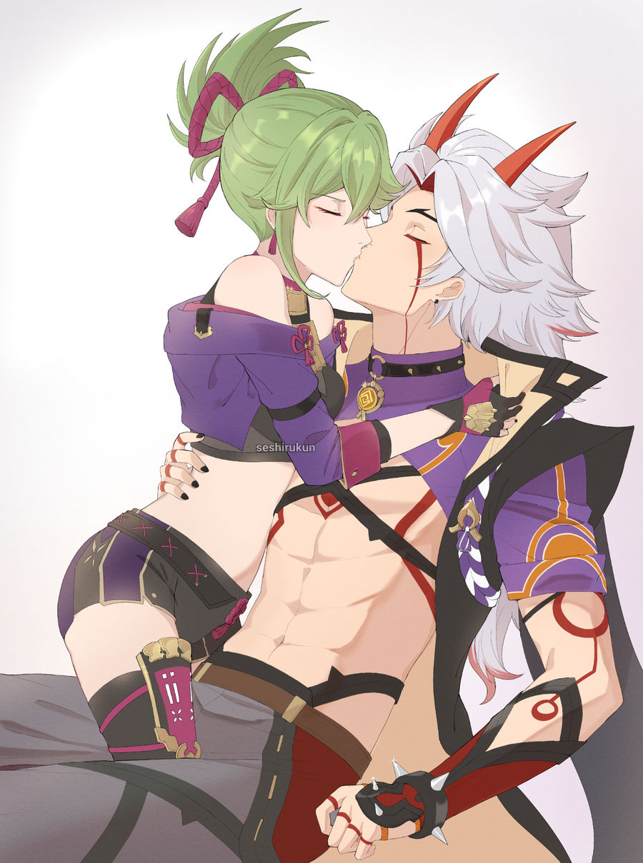 1boy 1girls arataki_itto bare_belly bare_midriff bigger_male black_nails booty_shorts closed_eyes female genshin_impact green_hair kissing kuki_shinobu making_out male male/female on_lap oni oni_horns red_horns seshirukun shorts size_difference smaller_female straight undressing undressing_another white_hair