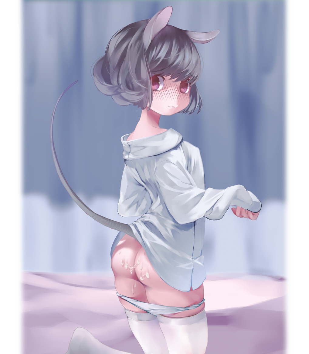 after_sex animal_ears ass blush cum cum_on_ass female grey_hair kneeling long_sleeves looking_at_viewer looking_back mouse_ears mouse_tail naked_shirt namauni nazrin panties panty_pull pink_eyes shirt solo tail thighhighs touhou underwear white_legwear