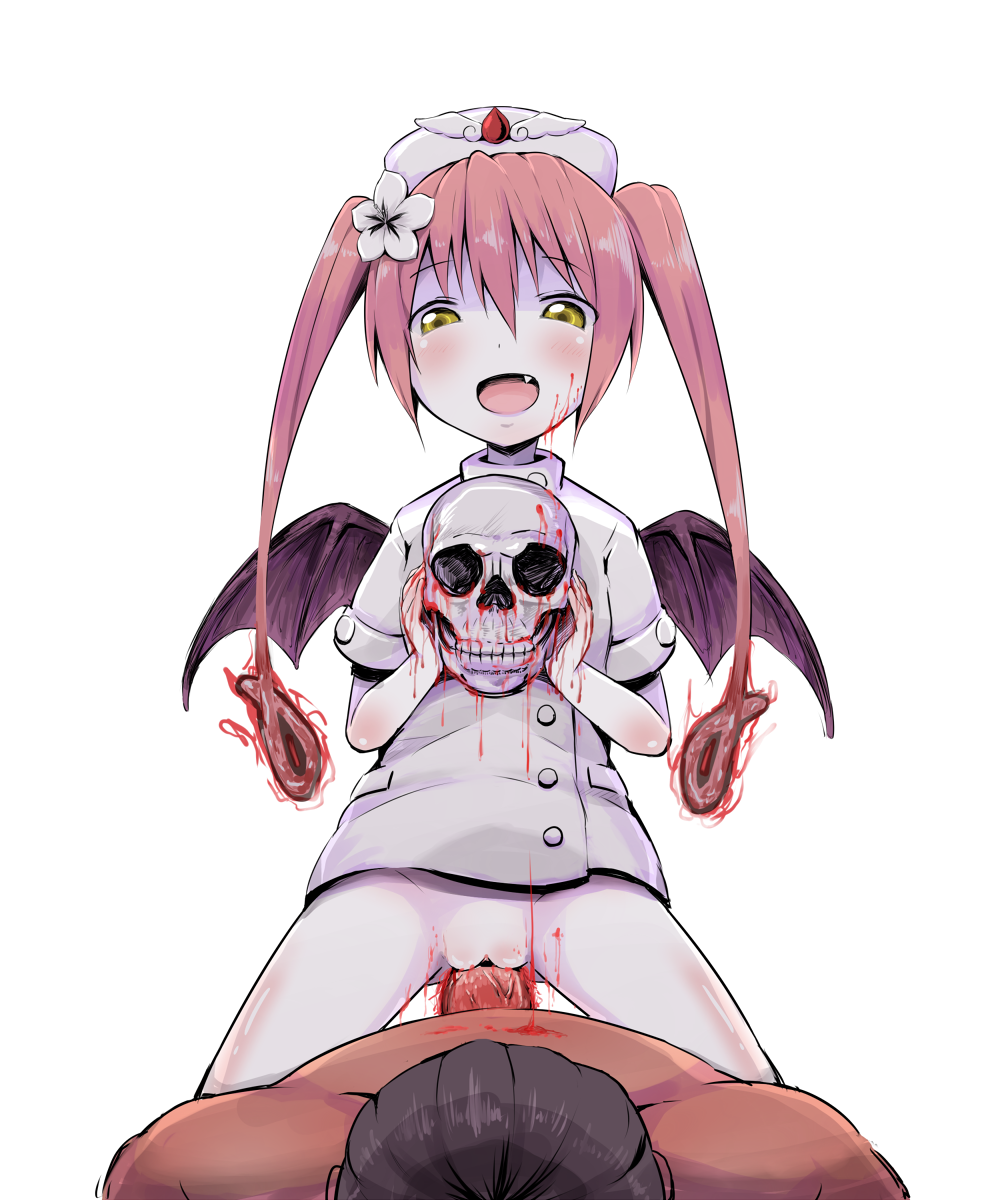 1boy 1girls alpha_channel blood blood_on_face blush cute_fang demon_wings ebola-chan female flower hair_flower hair_ornament highres holding long_hair male no_panties nurse nurse_cap open_mouth original pale_skin penis personification pink_hair pussy sex skull small_wings straight tied_hair transparent_background twintails vaginal_penetration wings yellow_eyes yurarin