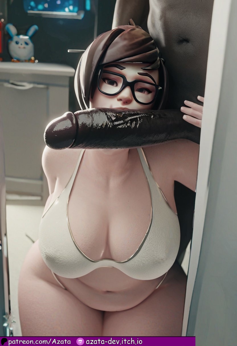 1boy, 1girls, absurdly large cock, after anal, after sex, ai generated, azataai, bbw, chubby, chubby female, dark penis, dark skin, dark-skinned male, erection, female, glasses, highres, human, human female, impossible fit, interracial, interracial couple, legs up, light skin, light-skinned female, looking at another, looking at viewer, looking pleasured, male, male/female, mei (overwatch), open mouth, overwatch, overwatch 2, pale skin, pale-skinned female, penis