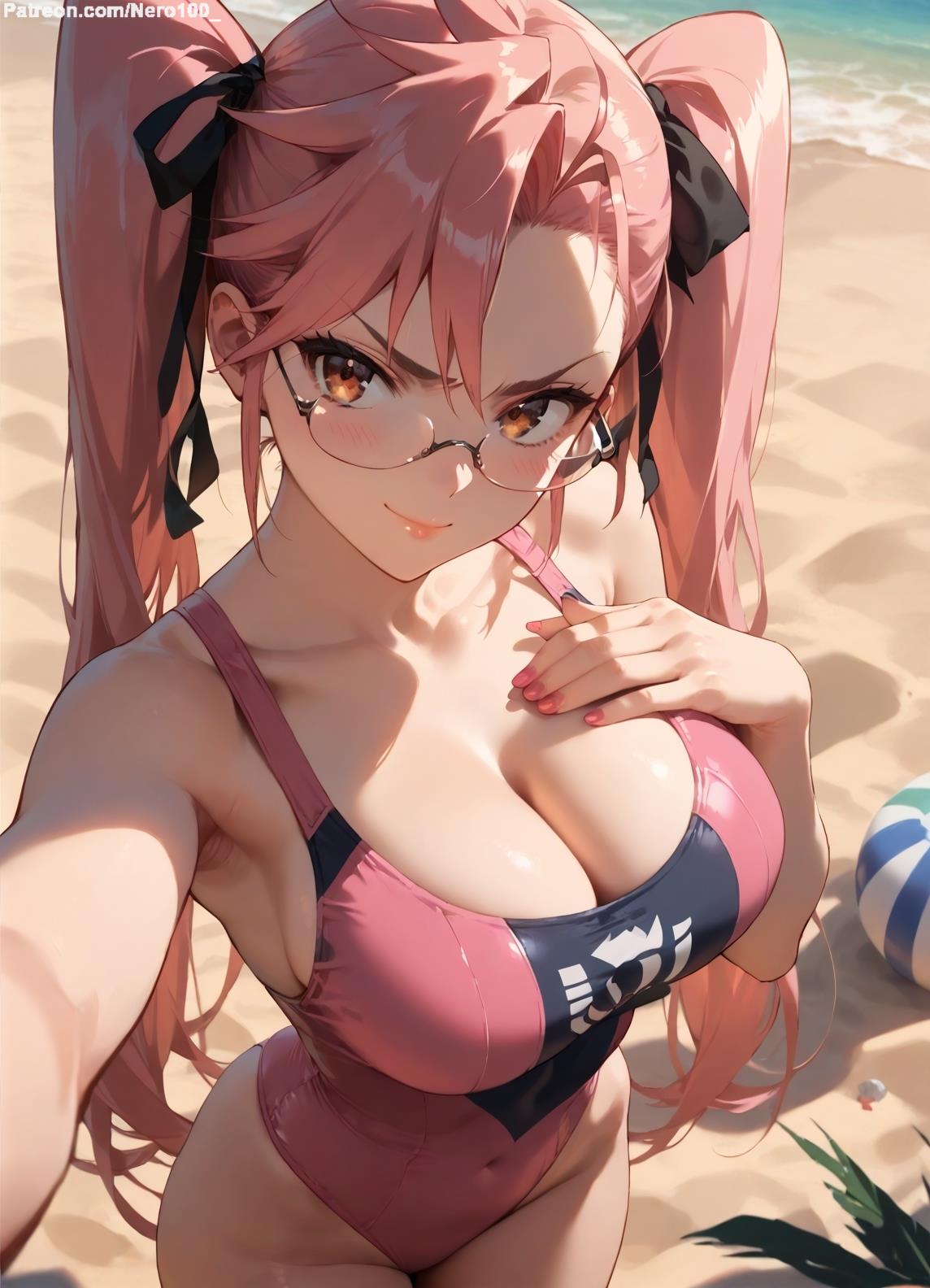 1girls 2d ai_generated ass athletic athletic_female bare_shoulders beach belly big_breasts chest cleavage curvy curvy_figure cute cute_face detailed eyelashes eyeshadow female female_focus female_only fit fit_female focus from_above glasses high-angle_view high_quality highschool_of_the_dead hips huge_breasts large_breasts legs light-skinned_female light_skin lips lipstick looking_at_viewer makeup mascara midriff navel nero100 one-piece_swimsuit orange_eyes outdoors pale-skinned_female pale_skin pink_hair posing sagging_breasts saya_takagi seductive seductive_look selfie stable_diffusion swimsuit swimwear thick_thighs thighs twintails wide_hips yellow_eyes