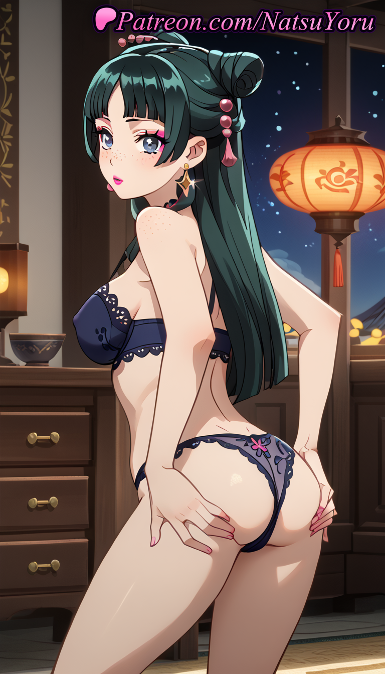 1girls ai_generated anime anime_style ass ass_grab bangs black_bra black_panties blue_eyes blunt_bangs bra breasts bust busty closed_mouth covered_nipples cowboy_shot double_bun earrings eyelashes eyeshadow female female_focus female_only freckles from_behind grabbing_own_ass green_hair hair_bun hair_ornament hands_on_own_ass hentai indoors jewelry juicy_butt kusuriya_no_hitorigoto lantern lingerie lips lipstick long_hair looking_at_viewer looking_back makeup maomao_(kusuriya_no_hitorigoto) mascara medium_breasts nail_polish natsuyoru night night_sky panties parted_lips pink_lips pink_nails sky solo solo_female standing star_(sky) underwear underwear_only voluptuous voluptuous_female window