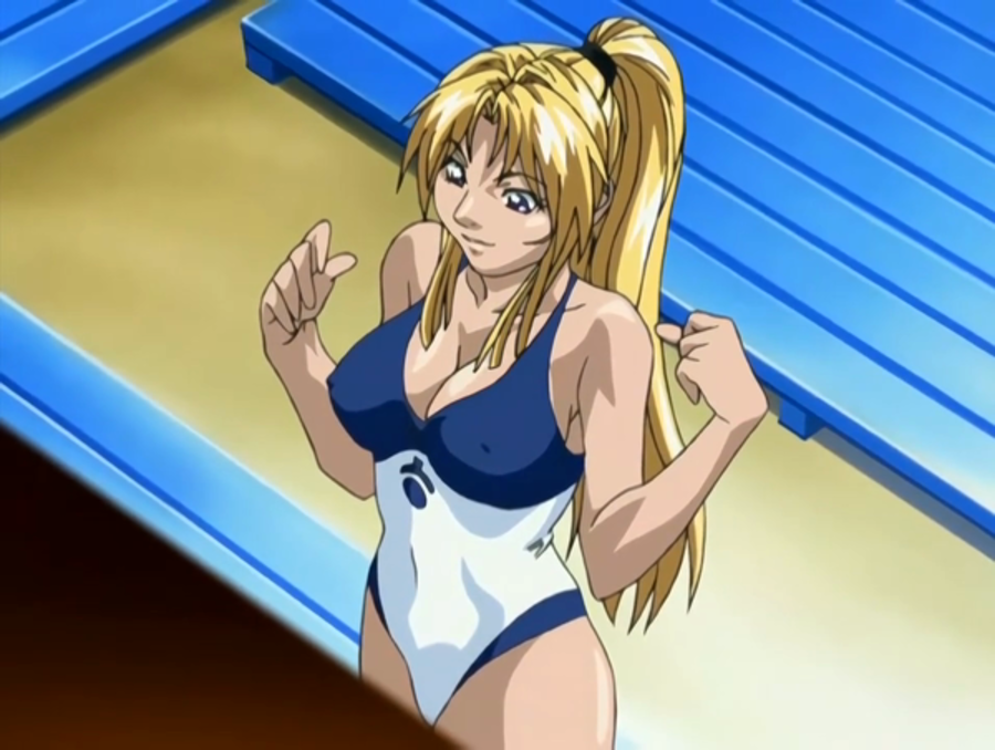 00s 2005 anime_screenshot bible_black bible_black_only blonde_hair breasts curvy female female_only high_ponytail highleg highleg_one-piece_swimsuit large_breasts lowres one-piece_swimsuit ponytail poses purple_eyes saeki_kaori shiny_skin smile solo swimsuit tagme two-tone_swimsuit