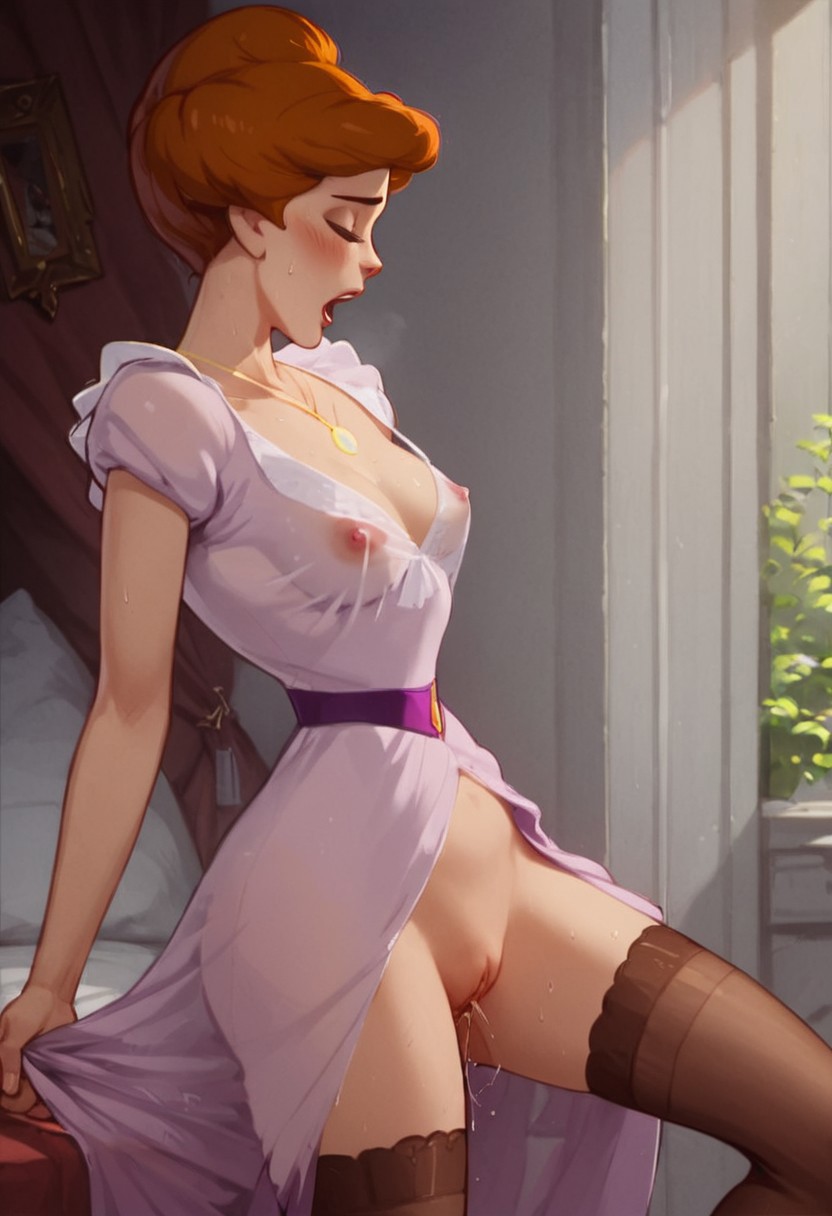 ai_generated aroused blush brown_hair disney fairy_dust hair_bun mary_darling milf nightgown peter_pan_(disney) pussy pussy_juice spontaneous_orgasm sweaty transparent_clothing