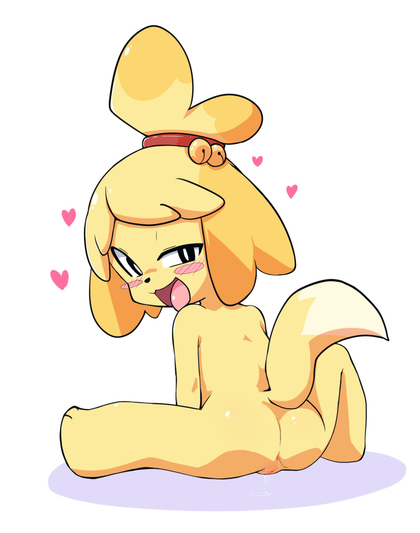 animal_crossing animal_ears anus canine dog_ears dog_girl dog_tail female furry isabelle_(animal_crossing) nintendo non-web_source simple_background smile solo tail yellow_fur