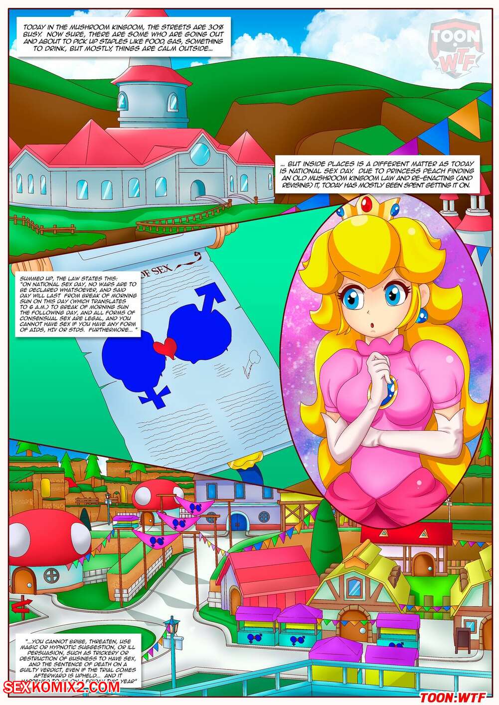 1girls armwear blonde_hair blue_eyes building castle clothing comic crown dress ear_piercing english_text female female_only female_symbol gloves human human_only light-skinned_female light_skin long_hair male_symbol mario_(series) nintendo palcomix princess princess_peach royalty solo solo_female text voluptuous voluptuous_female white_armwear white_gloves