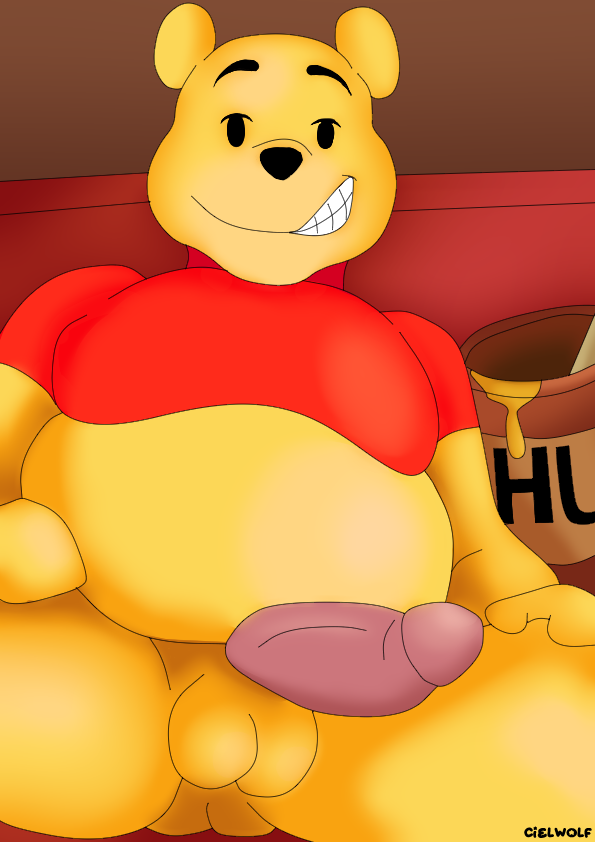 anthro bear belly black_eyes black_nose blonde_hair ciel-wolf clothing disney erection food genitals hair male male_only mammal penis pink_penis pooh_bear red_clothing red_shirt red_topwear shirt solo topwear winnie_the_pooh_(franchise) yellow_body