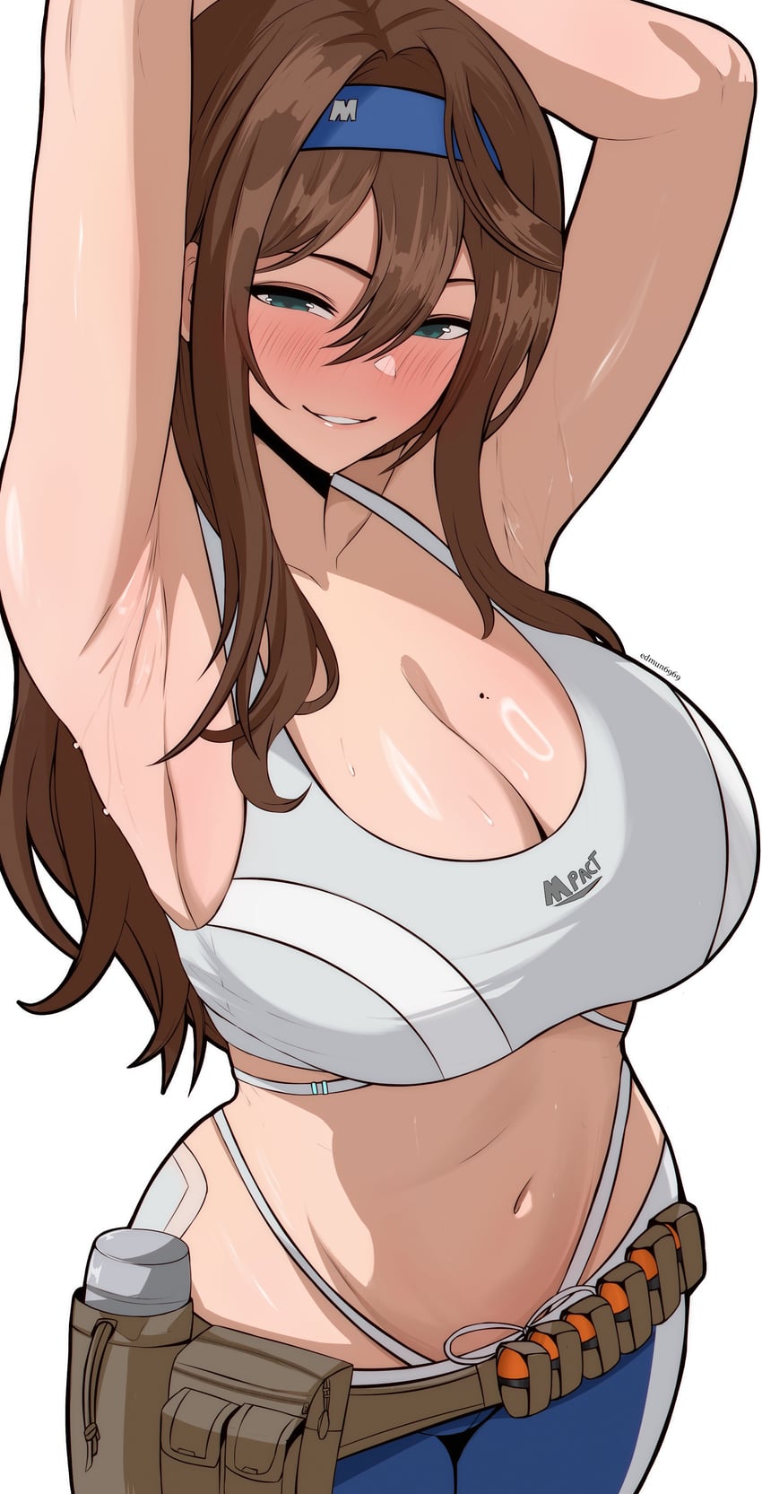 1girls armpits blush brown_hair cleavage edmun fully_clothed goddess_of_victory:_nikke highleg rumani solo_female sportswear sweat thong_straps